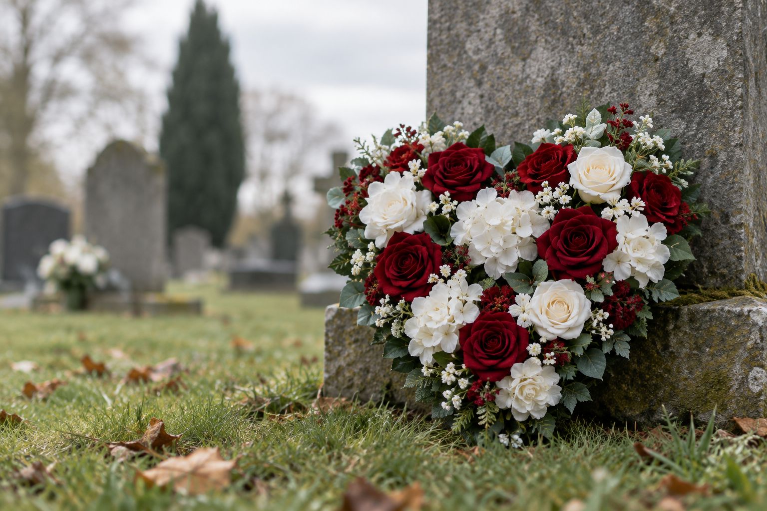 Heart-shaped silk floral tribute resting at a graveside in soft daylight