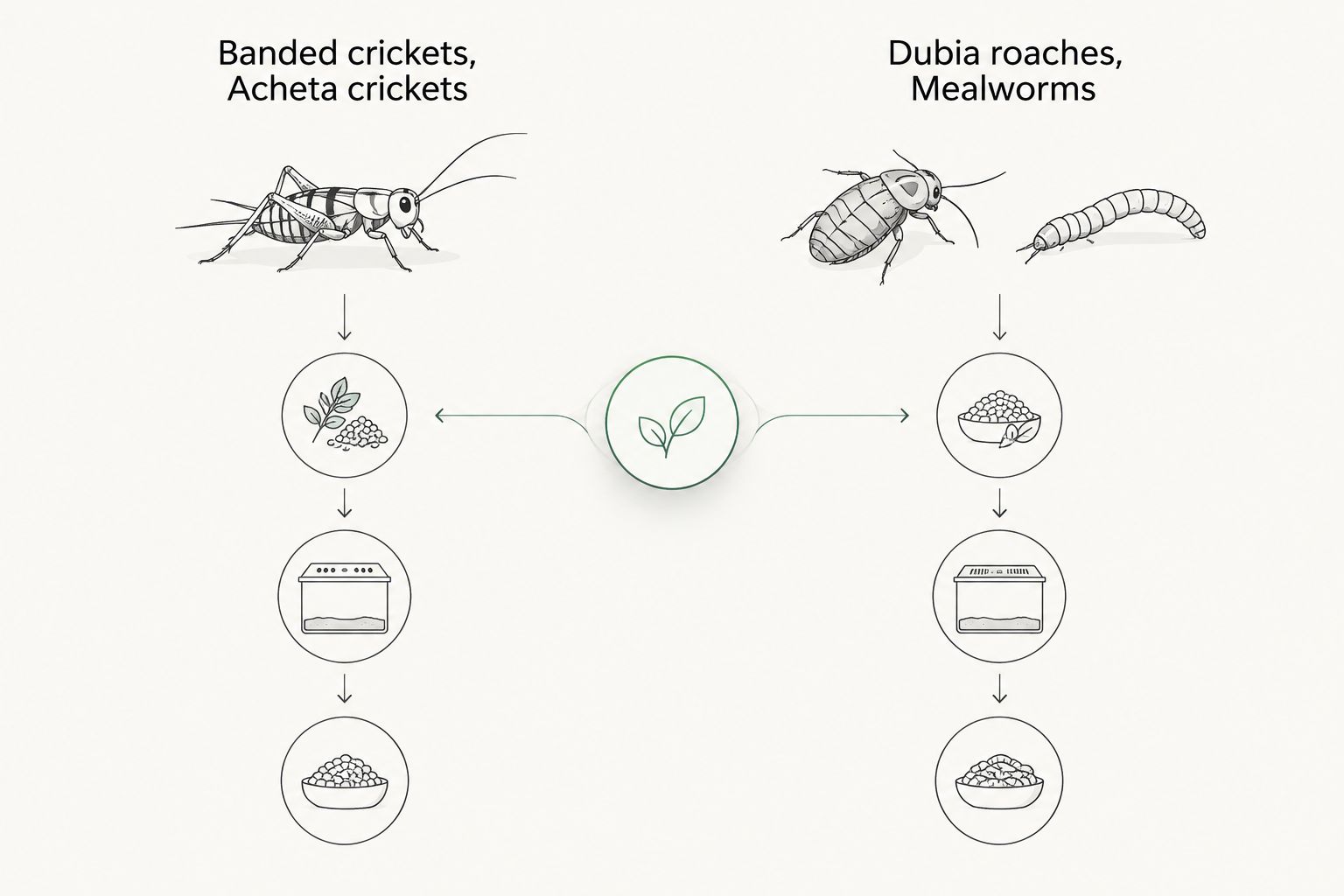Banded and Acheta crickets compared with dubia roaches and mealworms