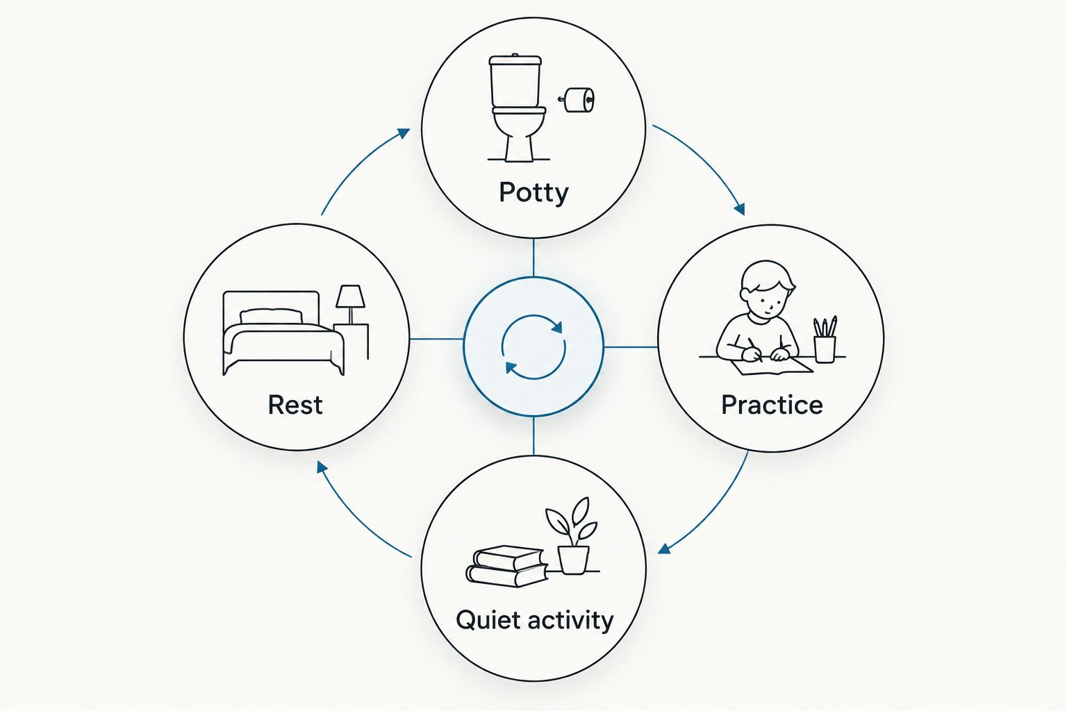 A repeating puppy routine of potty, practice, quiet activity, and rest