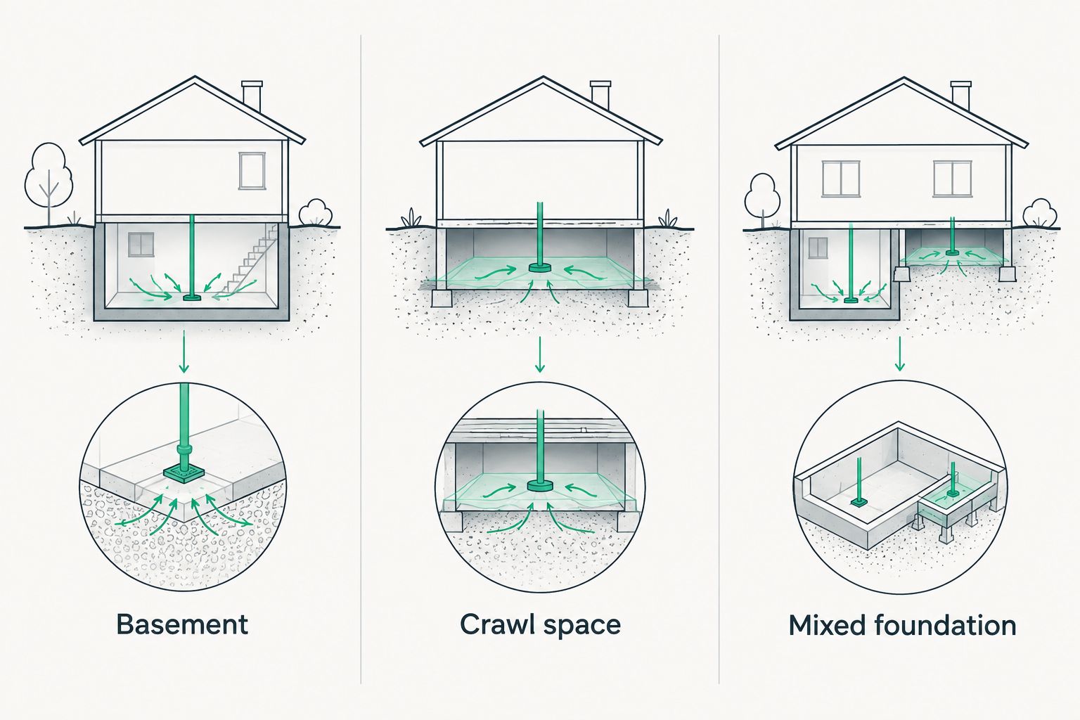 Comparison of basement, crawl-space, and mixed-foundation radon mitigation concepts