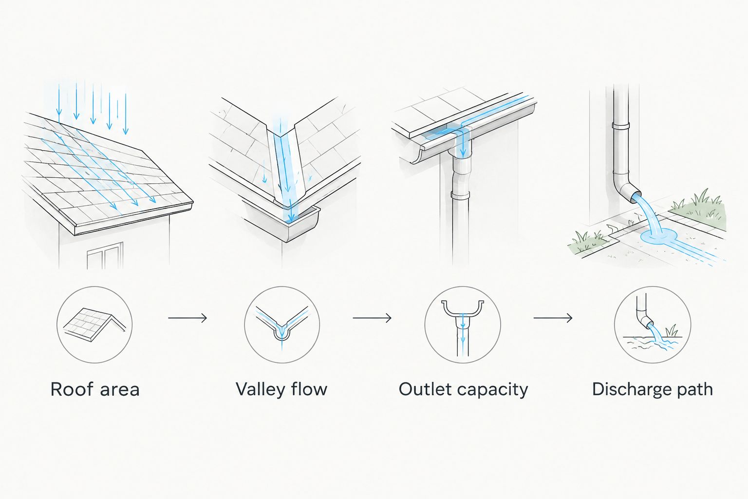Drainage sequence connecting roof area, valley flow, outlet capacity, and discharge path