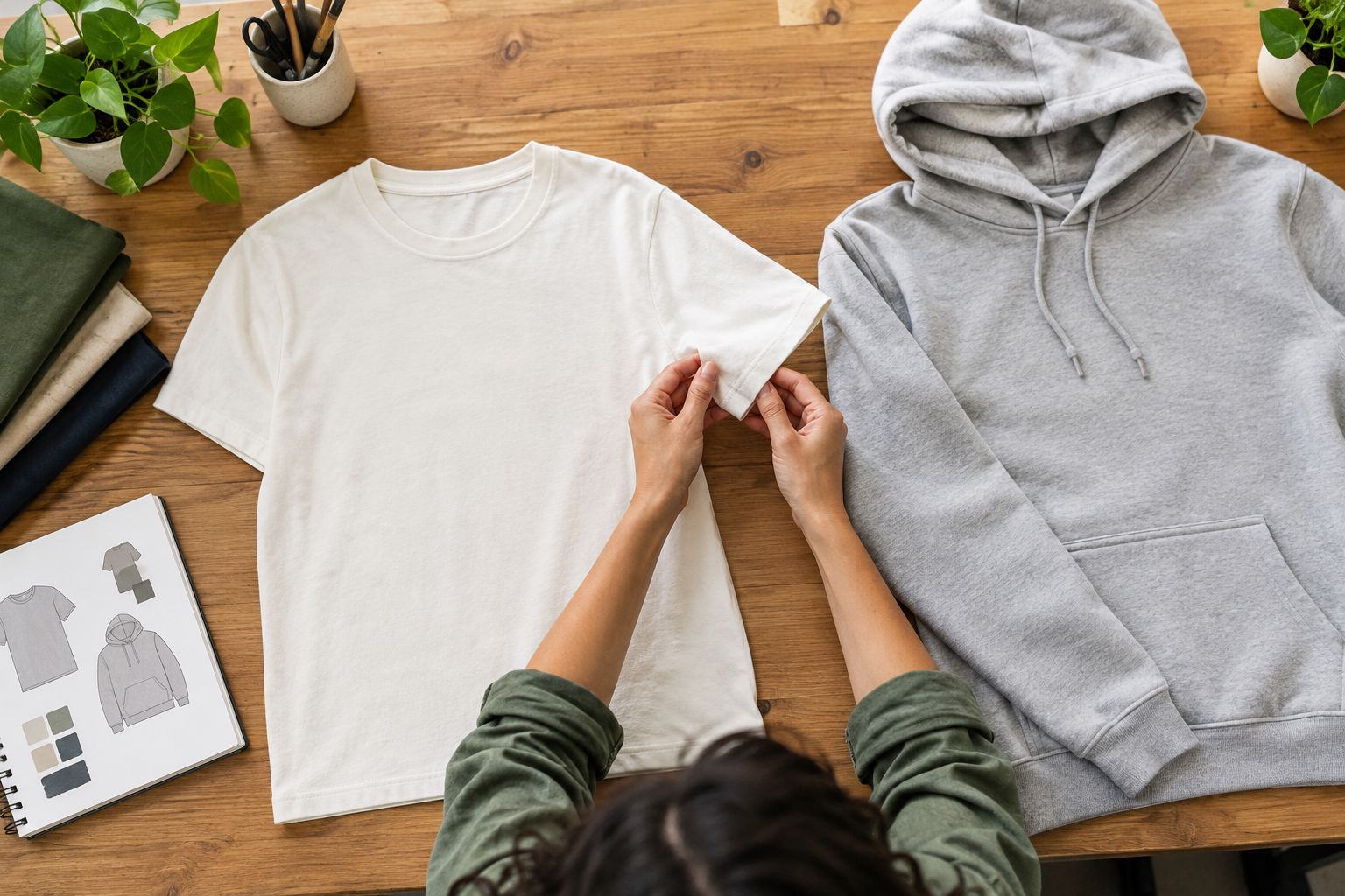 Hands checking a plain T-shirt beside a hoodie before choosing work apparel