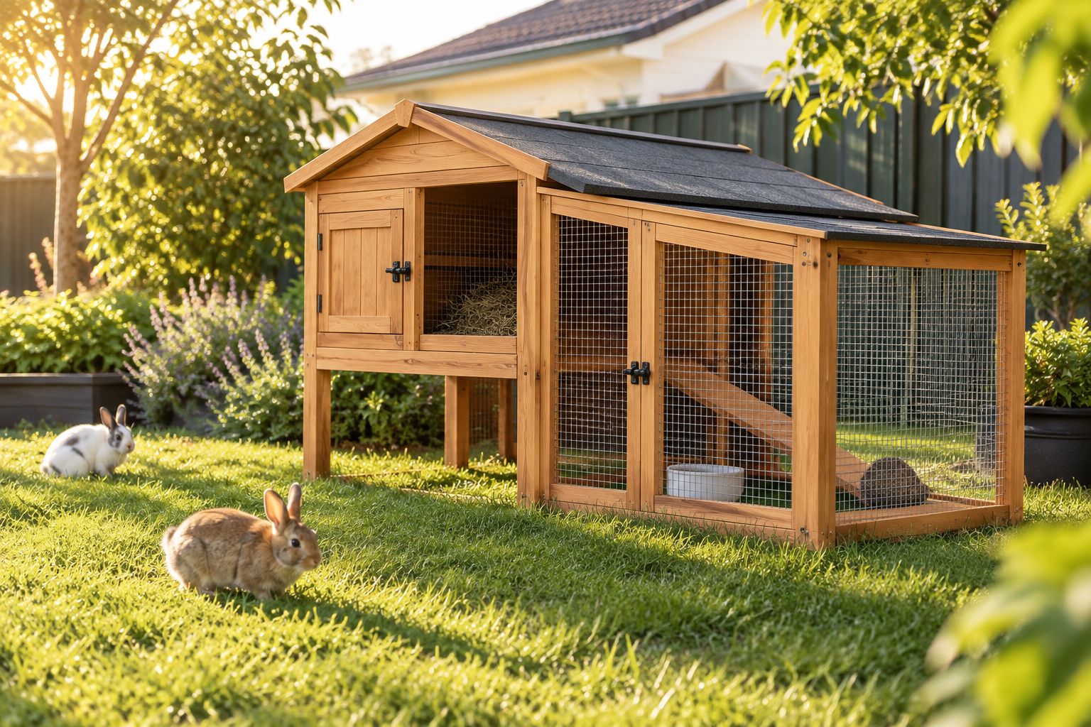 Elevated wooden rabbit hutch with covered run in a backyard