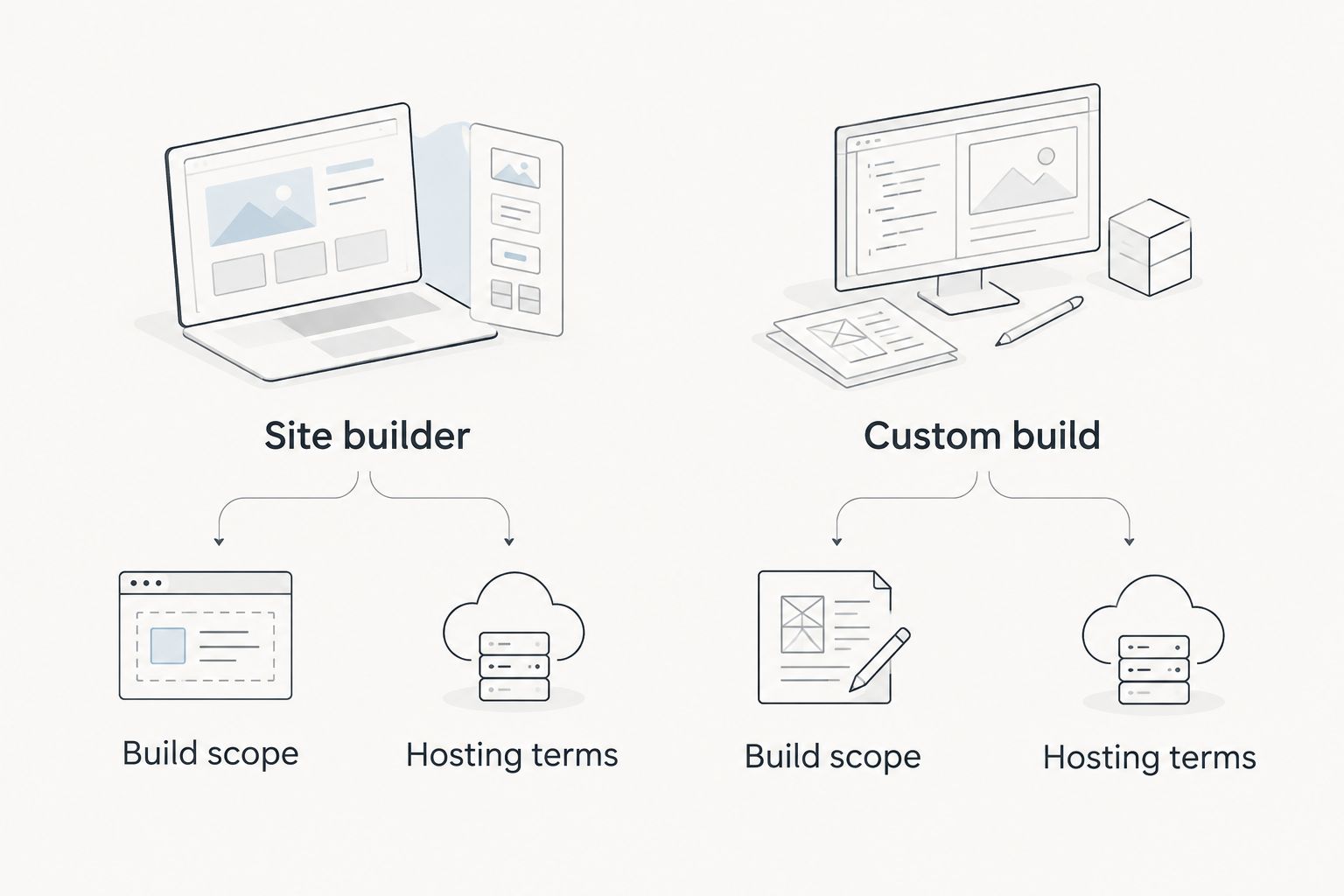 Site builder and custom build compared by build scope and hosting terms
