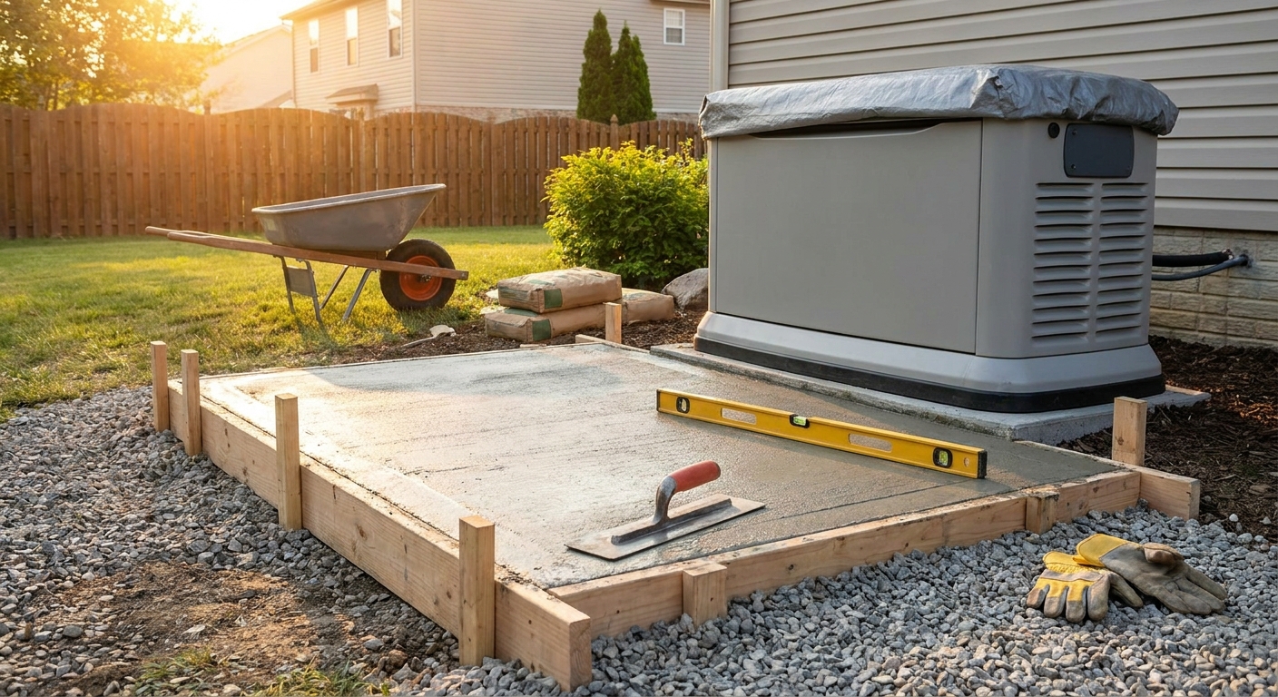 Generator pad and concrete slab installation for standby units
