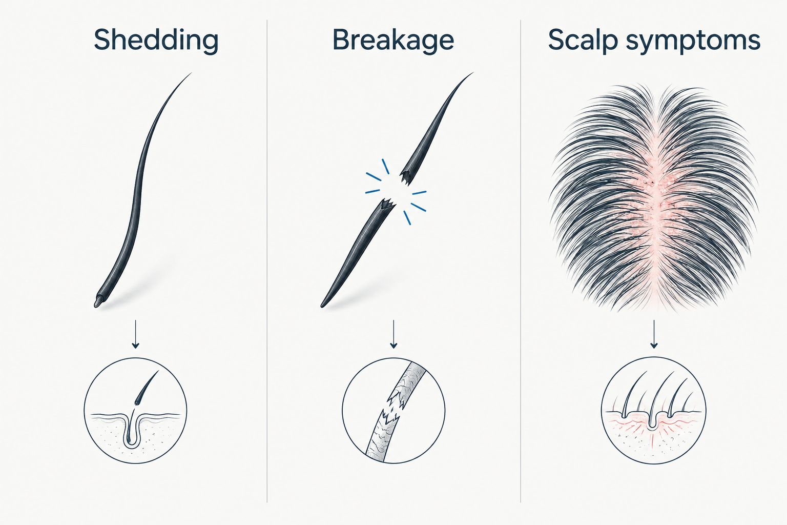 Three distinct concerns: shedding from the follicle, snapped hair strands and scalp symptoms