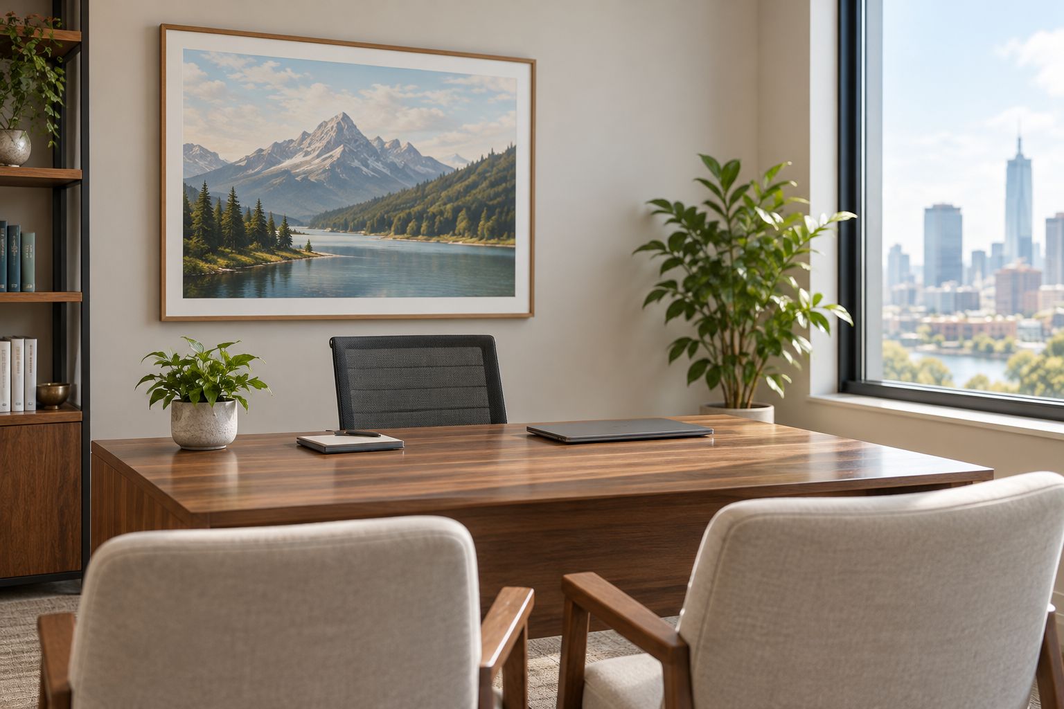 A framed landscape positioned on a side wall in a financial consultation room