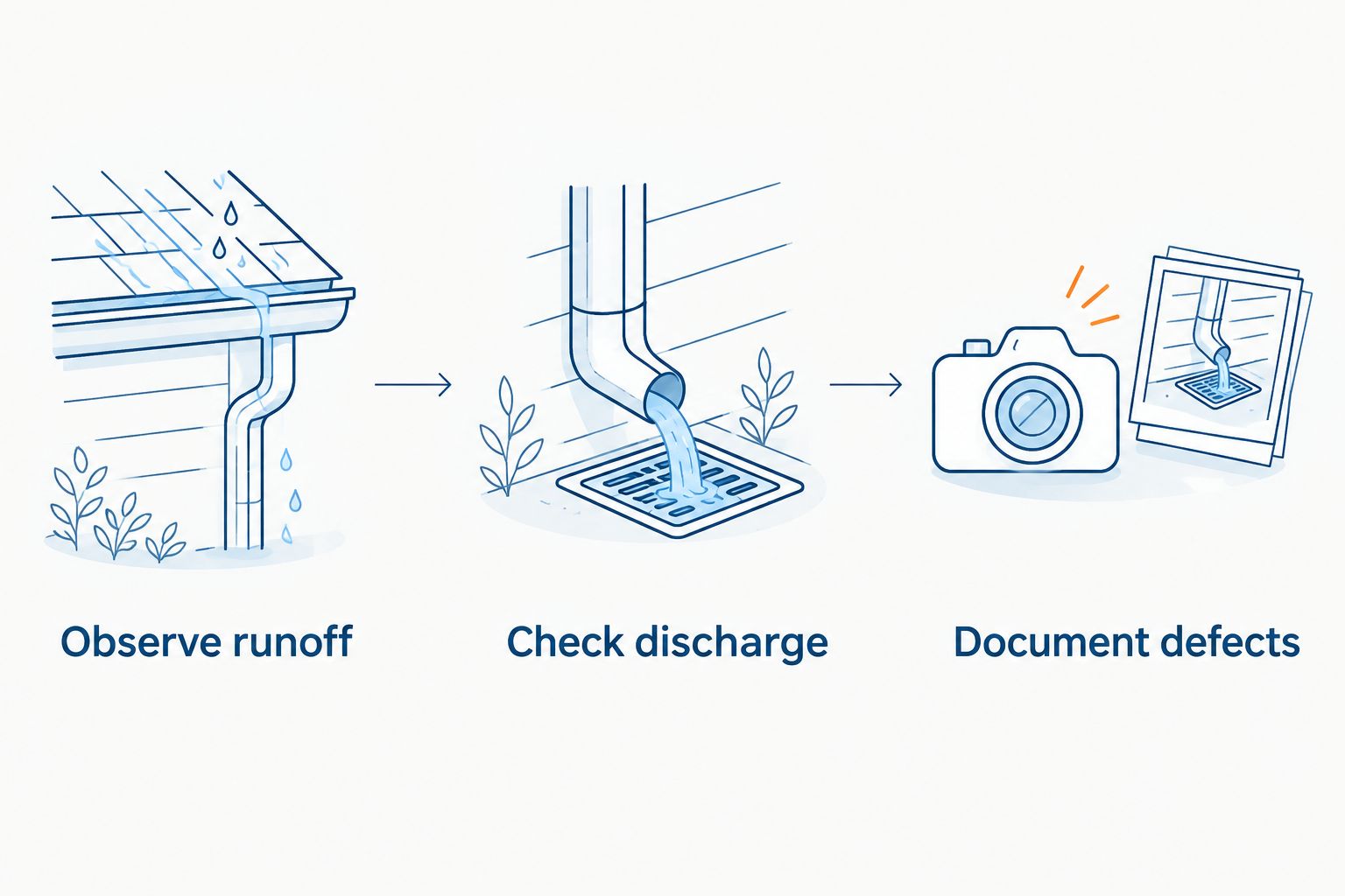 Three ground-level checks: observe runoff, check discharge, and document defects.