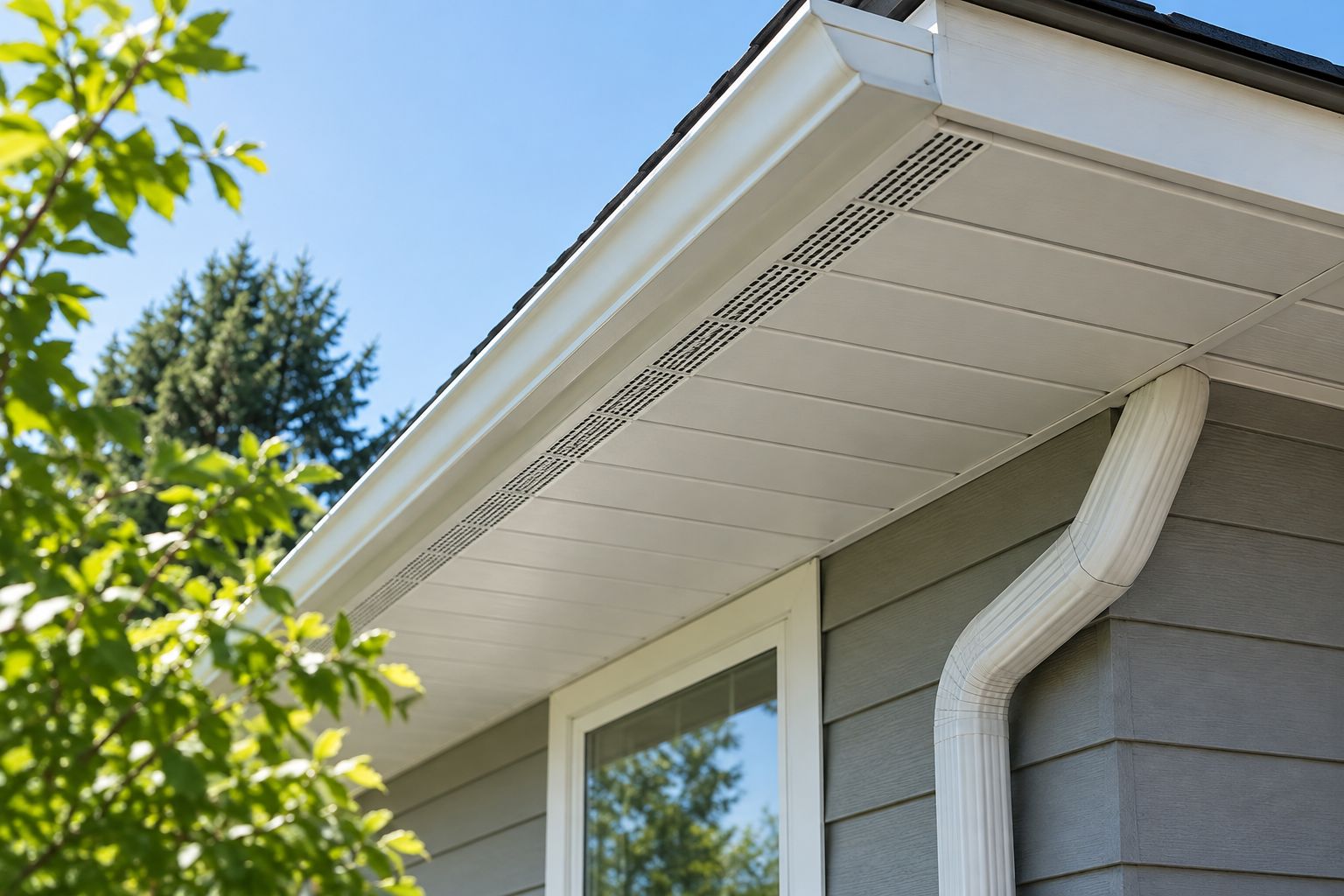 Continuous soffit vent strip installed along a roof eave