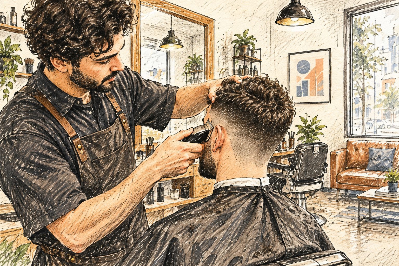 Barber giving a customer a fade haircut in a barbershop chair