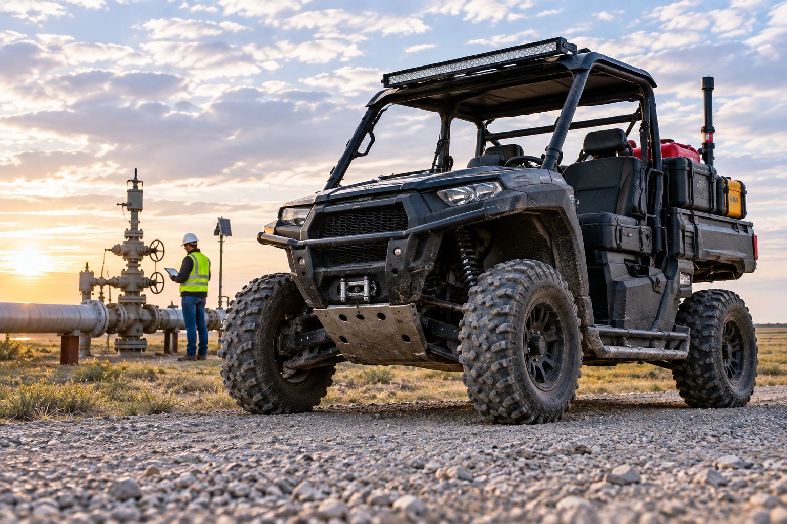 UTV with underbody skid plate parked on a gravel pipeline access road
