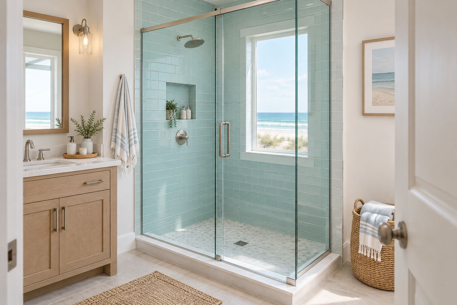 Semi-frameless bypass shower panels beside a vanity in a compact bathroom