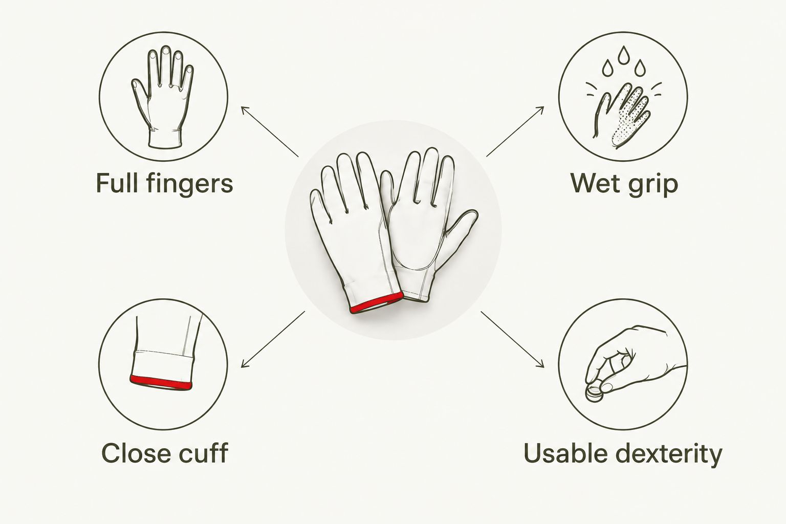 Two-column comparison of finger coverage and cuff fit against wet grip and dexterity