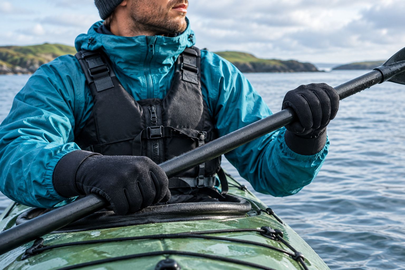 Kayaker gripping a paddle with full-finger gloves and sleeves visible