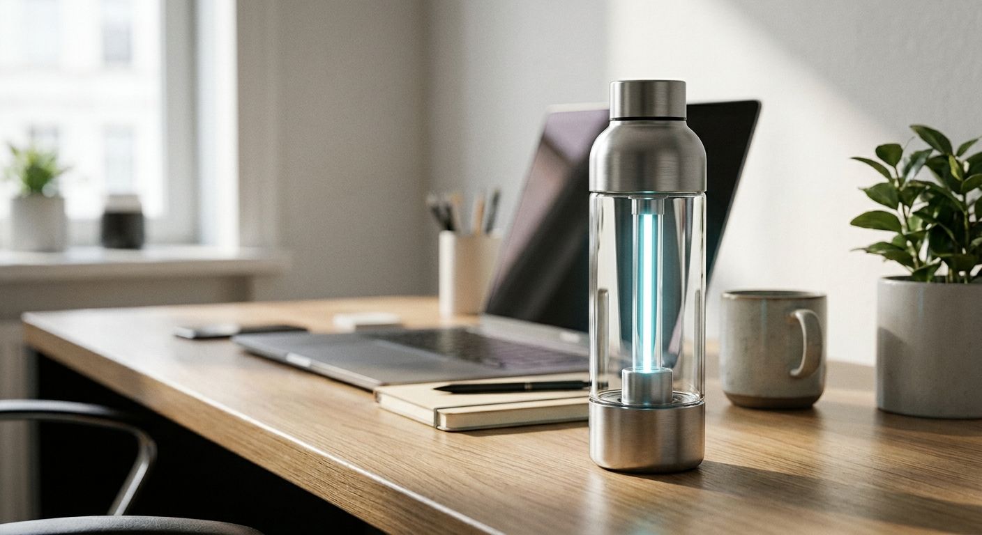 Self-cleaning bottle for office desks