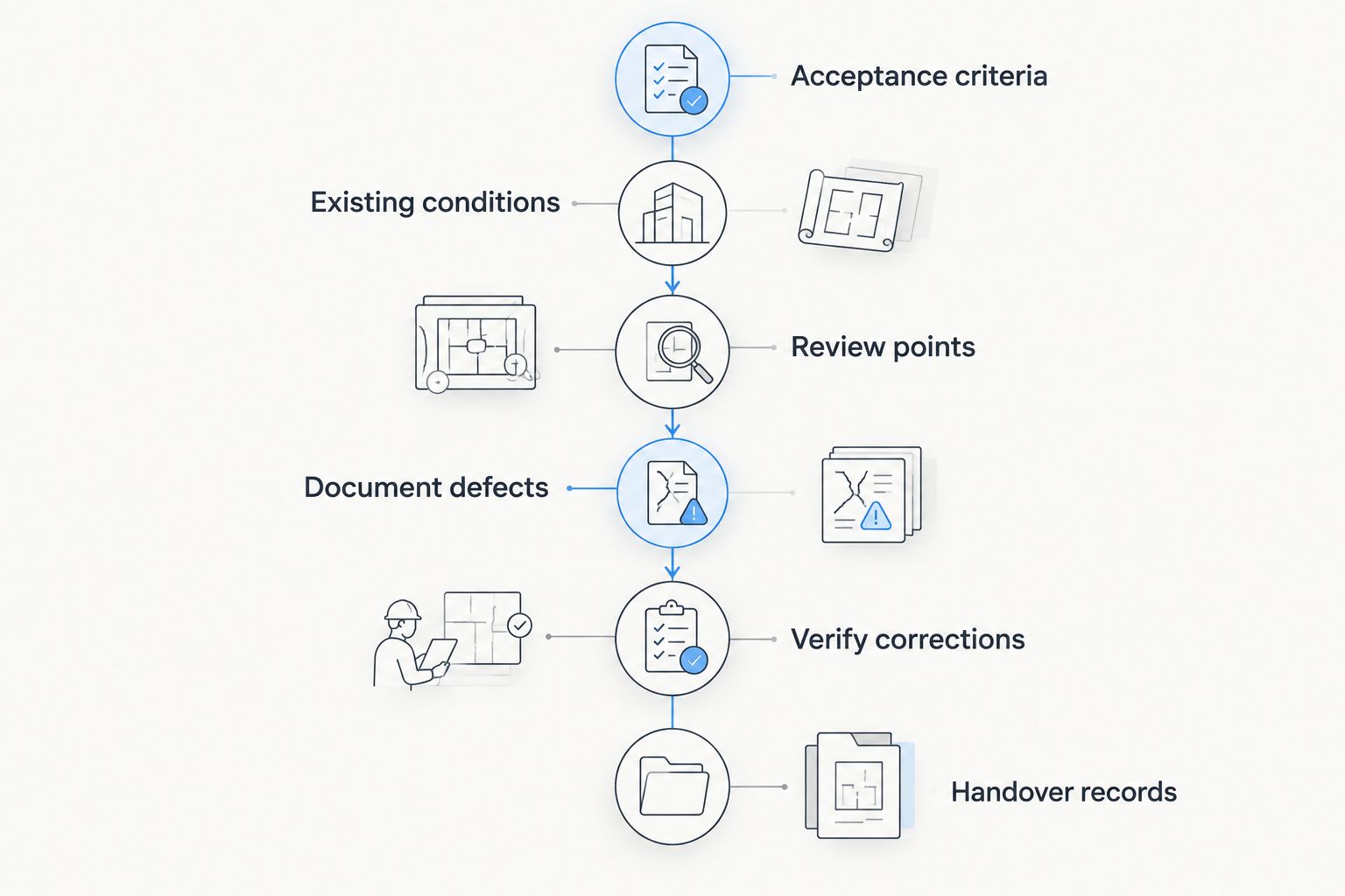 Six quality-control stages from acceptance criteria through apartment renovation handover records