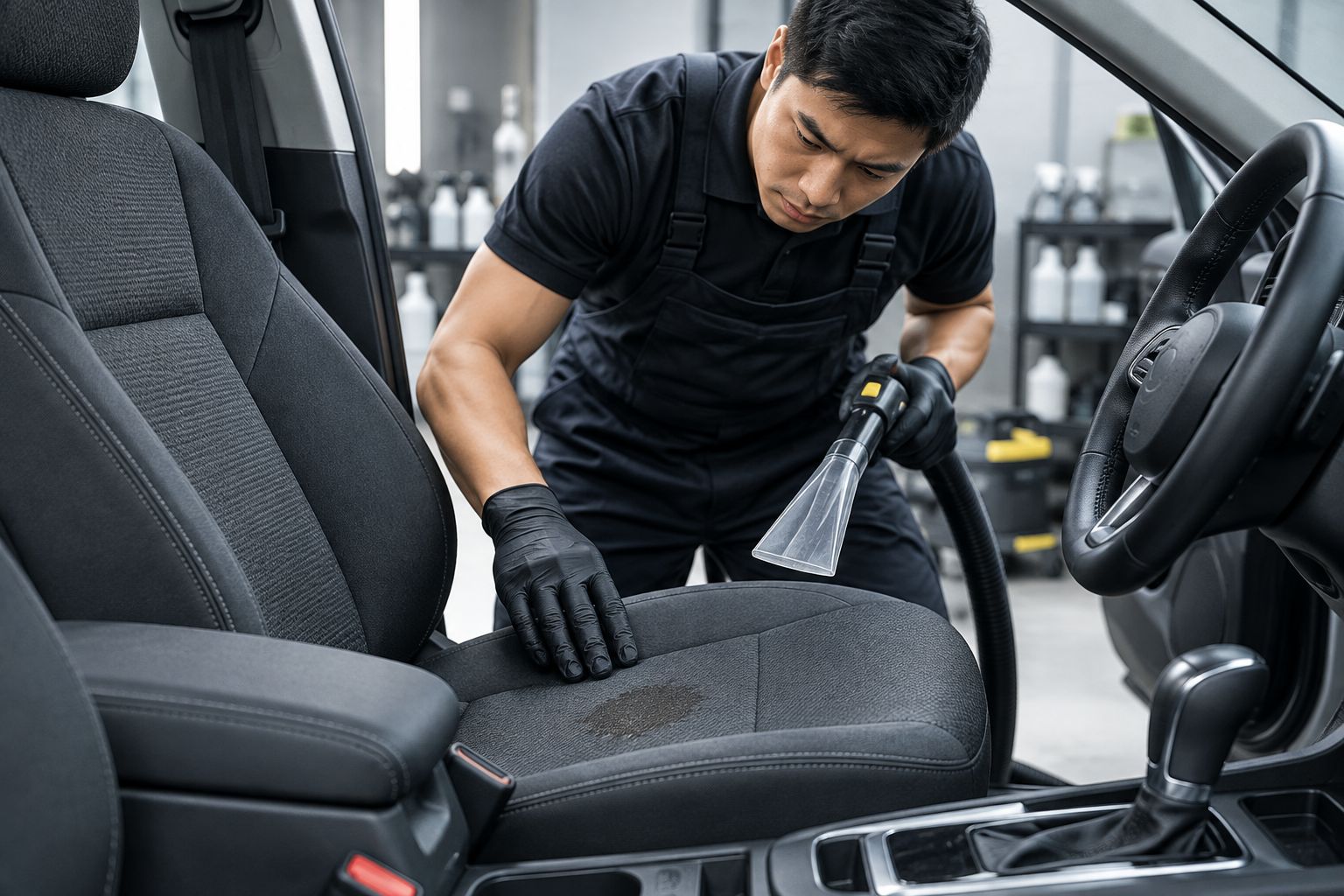 Next powered by EA Detailer Technician inspecting a stained fabric car seat and its seams in a workshop