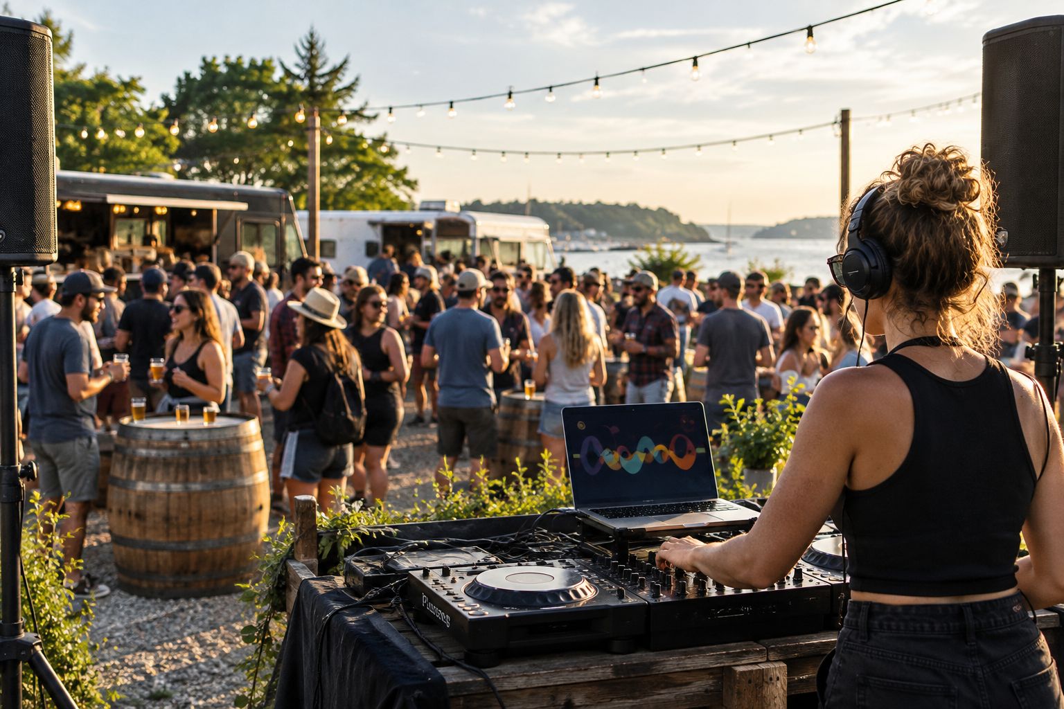 Outdoor brewery beer festival crowd with DJ sound setup at the edge of the lot