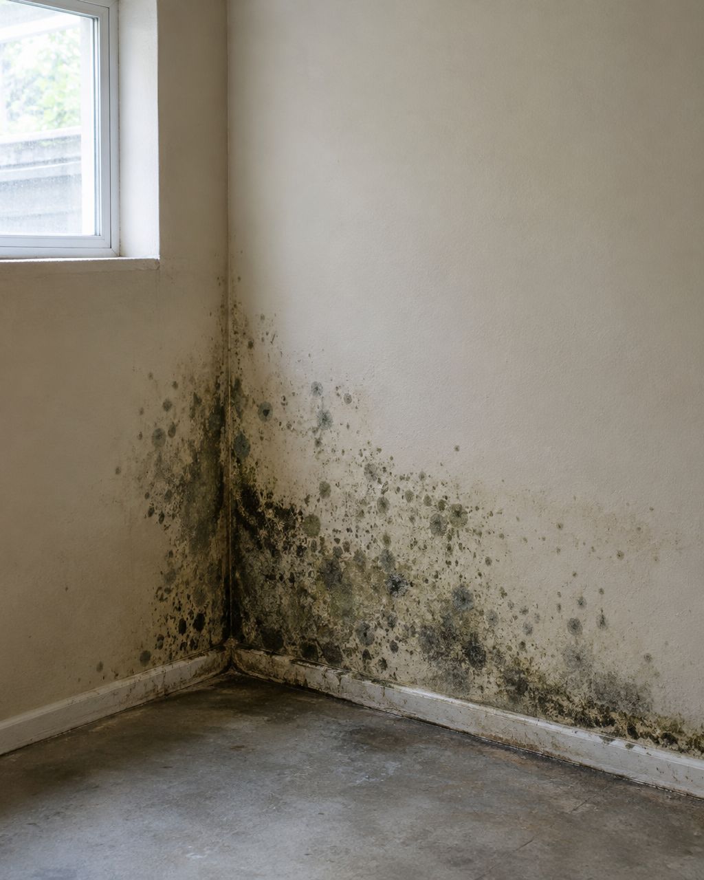 Mold growth spreading across a damp interior wall corner in a basement