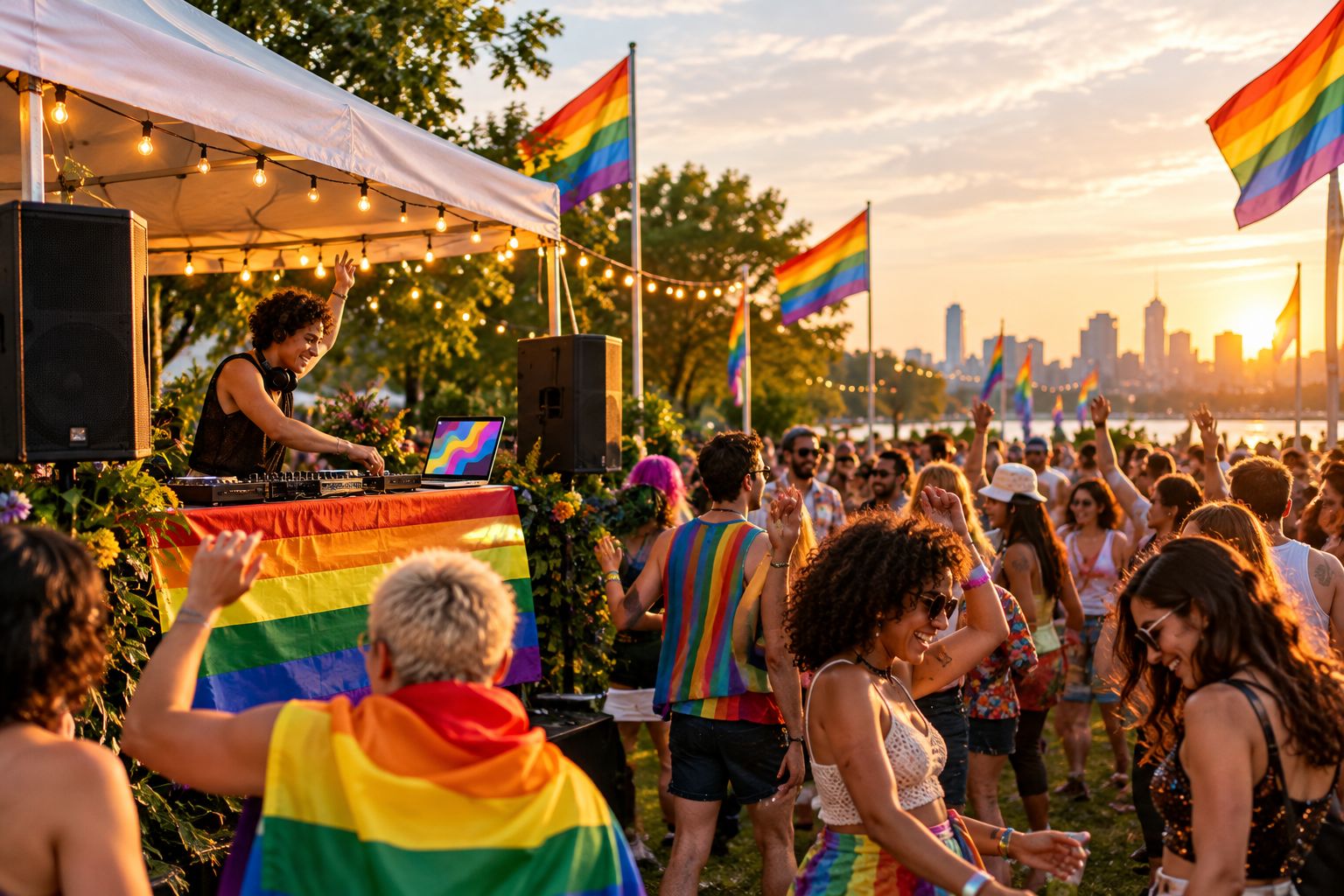 Outdoor DJ setup at a community Pride celebration in a town park