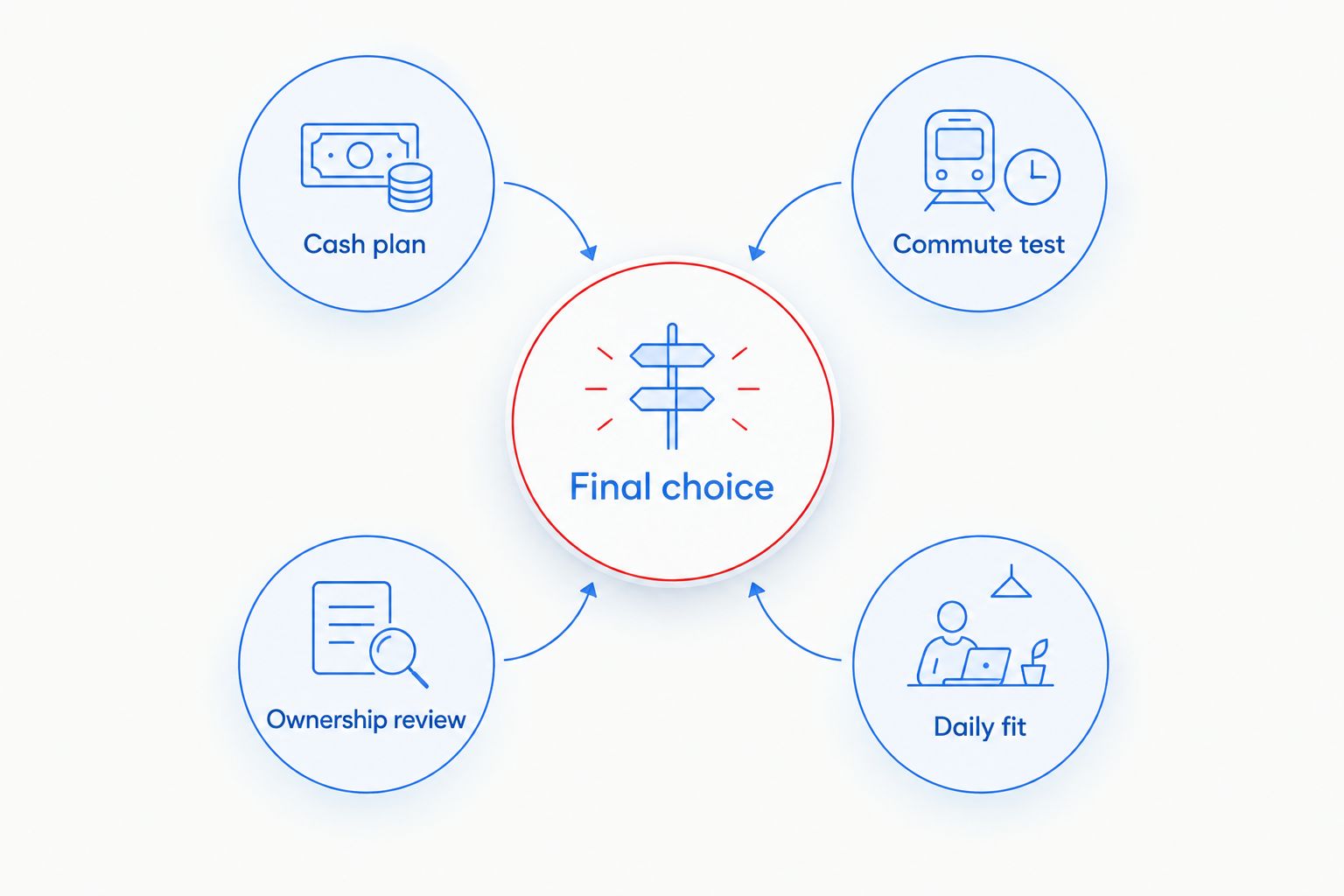 Homebuying decision diagram connecting cash, commute, ownership and daily fit