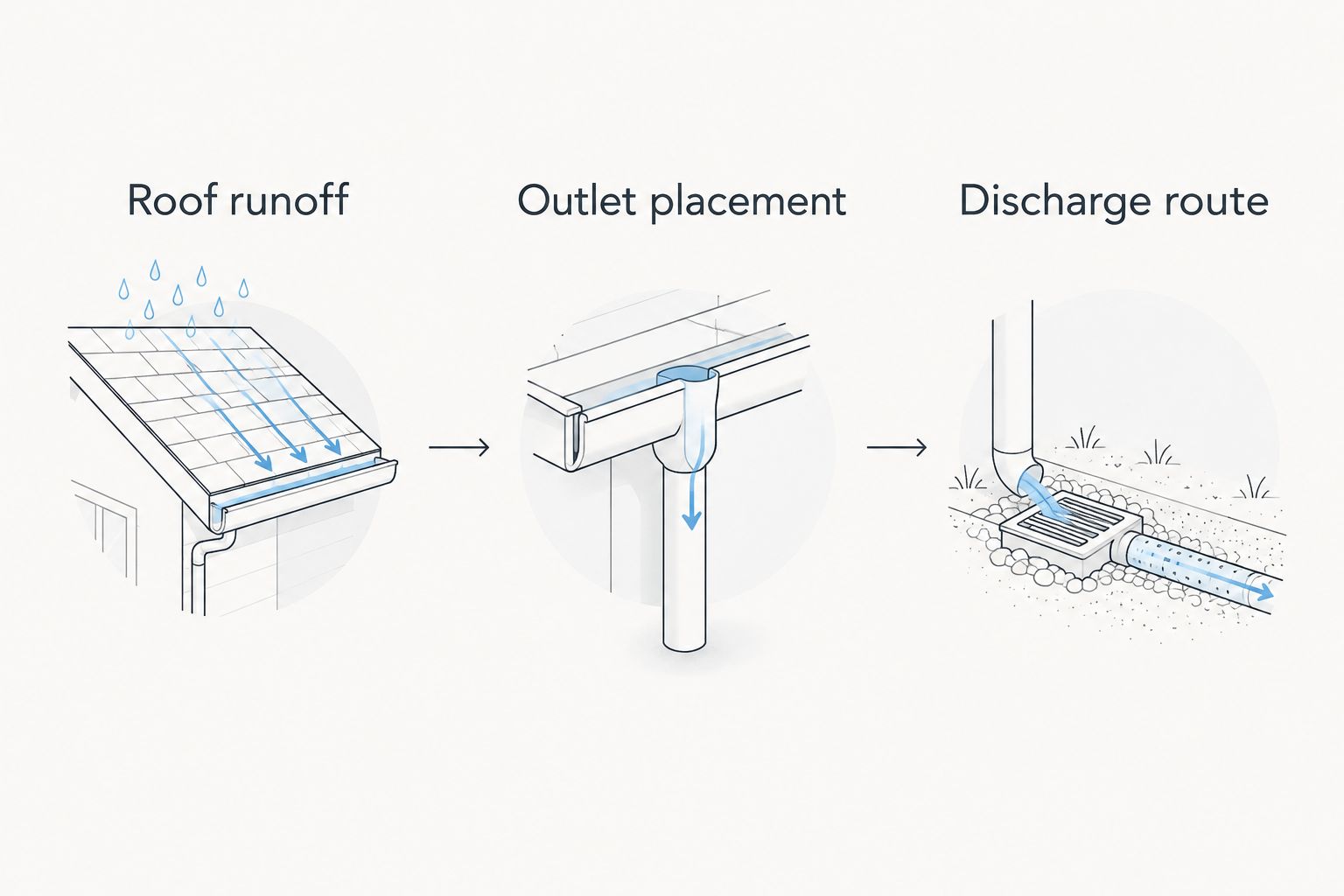Drainage planning sequence from roof runoff through outlet placement to the discharge route