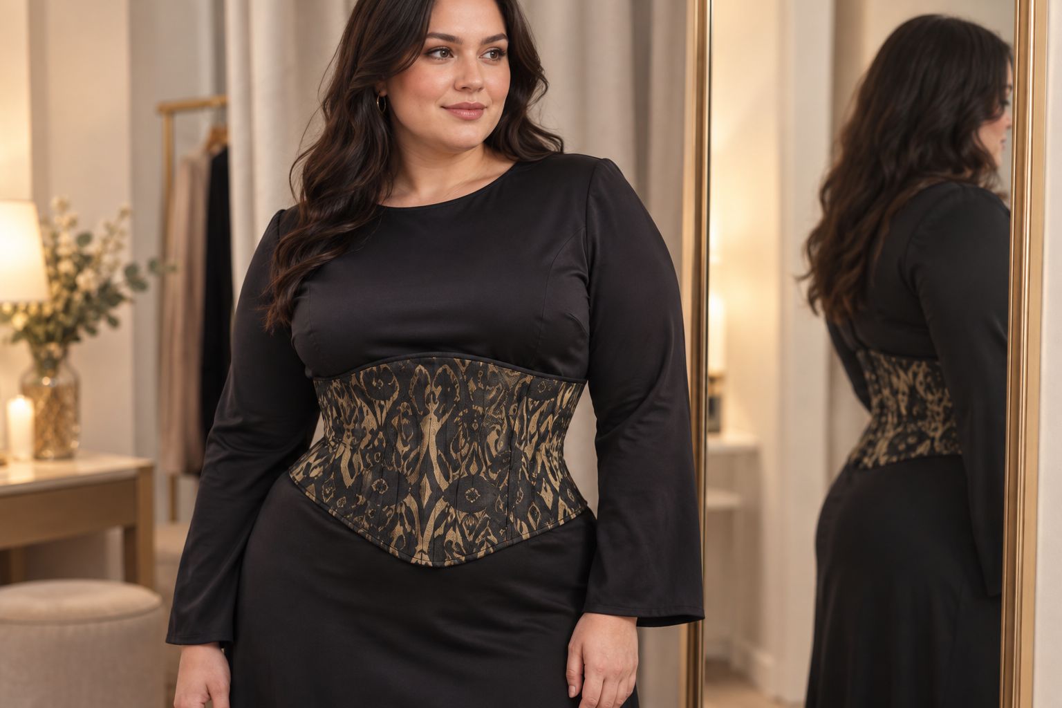 A plus-size woman wearing a patterned corset belt over a plain dress