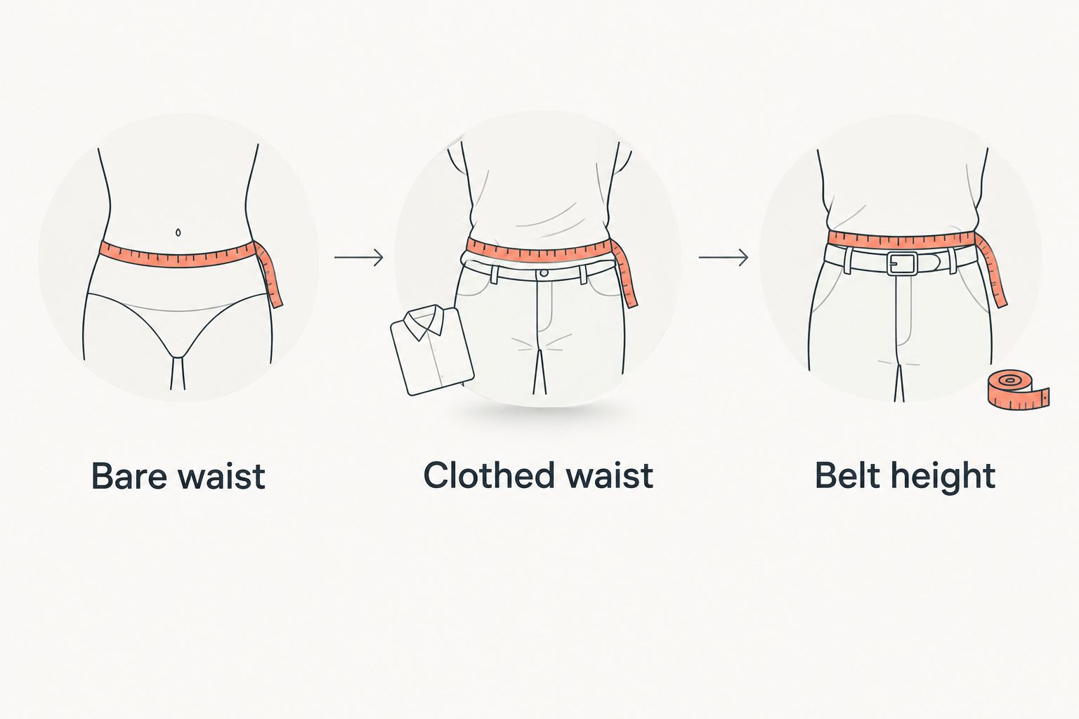 Three fit checks covering bare waist, clothed waist, and belt height