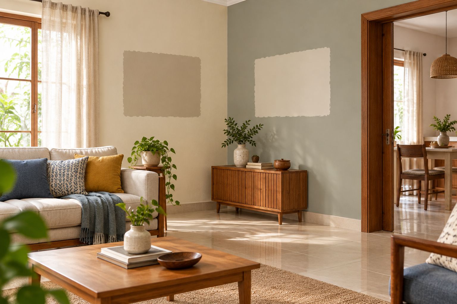 Two wall colour samples beside a wooden doorway in a naturally lit Indian living room