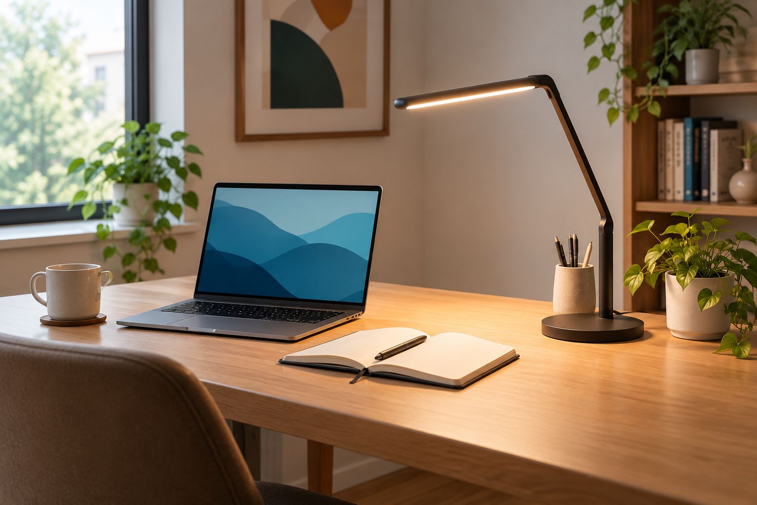 Home office desk lit by a natural light desk lamp