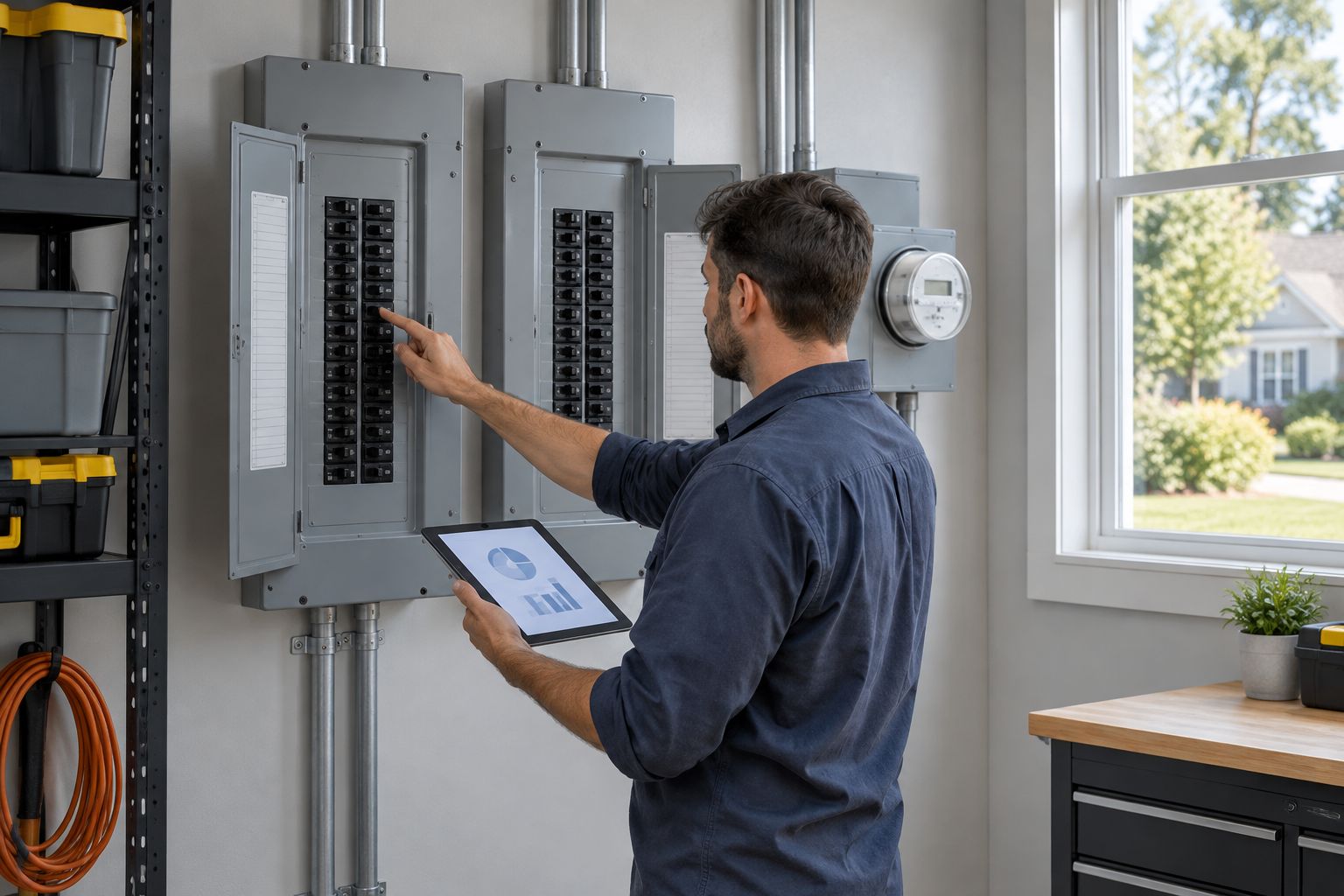 Twin 200-amp electrical panels mounted side by side in a New Jersey garage
