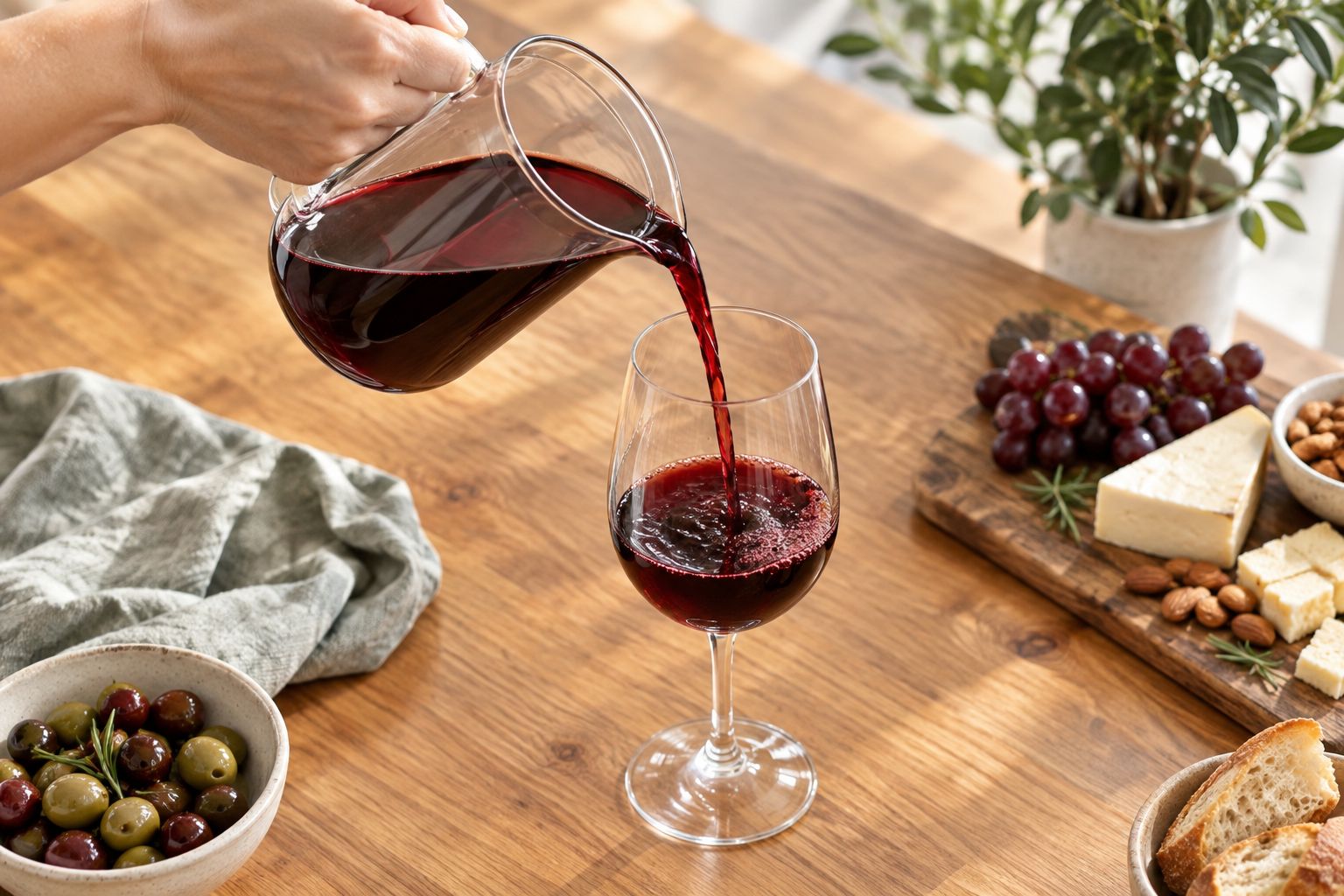 A measured portion of red wine being transferred into a clear wine glass
