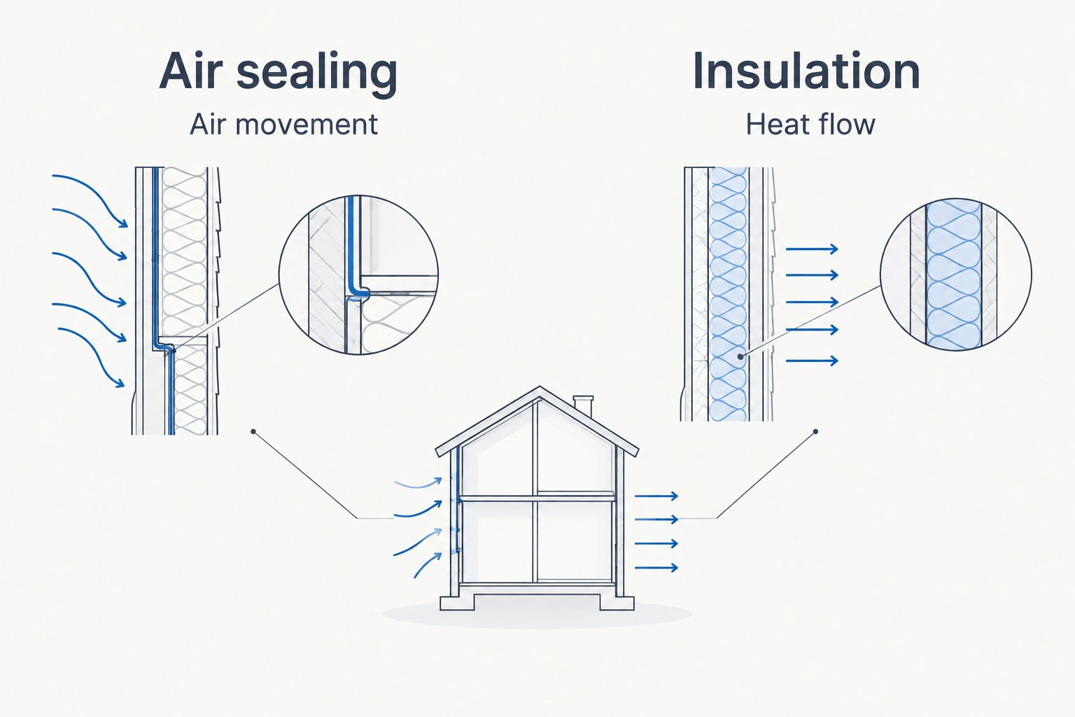 Air sealing addresses air movement through gaps, while insulation resists heat flow through an assembly.