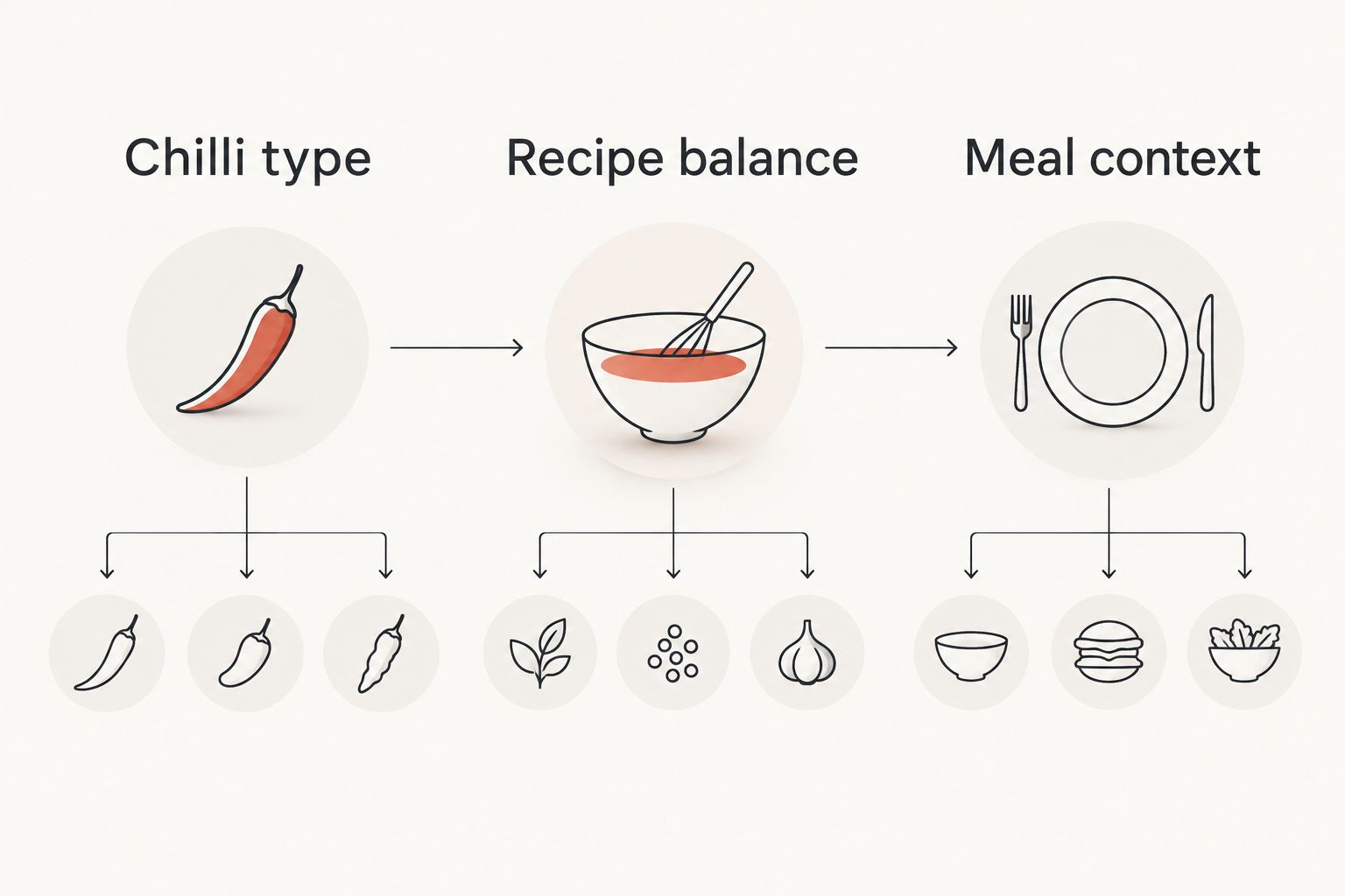 Three checks for comparing chicken pickle: chilli type, recipe balance and meal context.