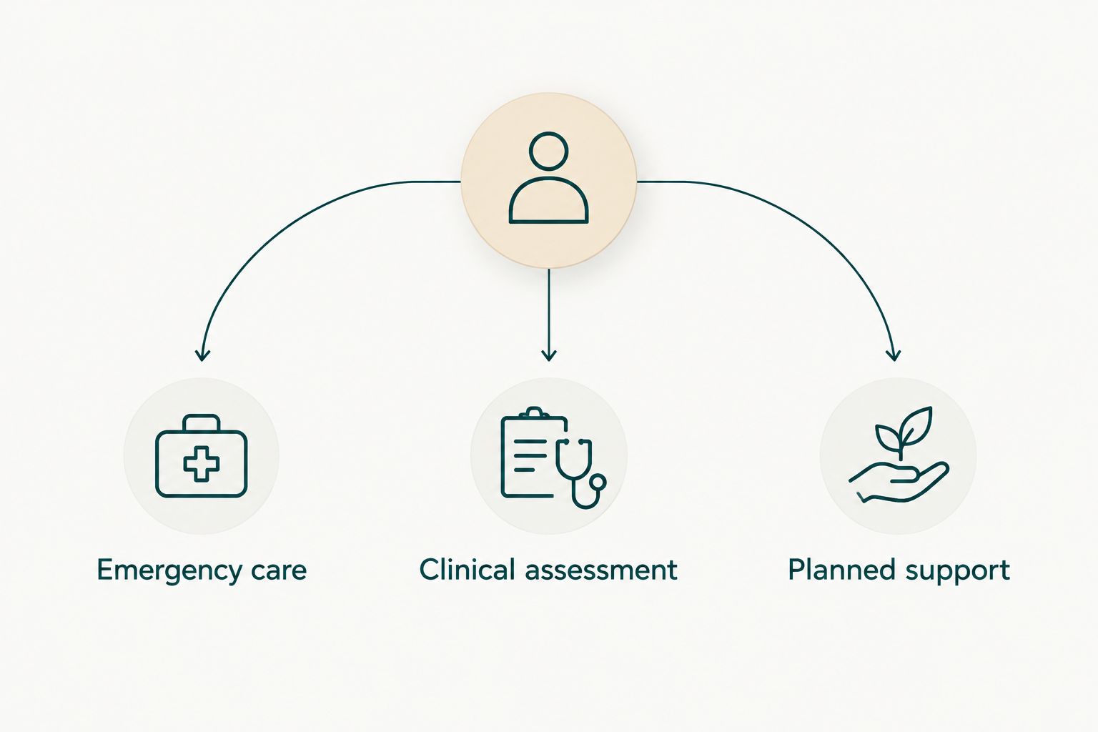 Three routes for choosing emergency care, clinical assessment or planned support