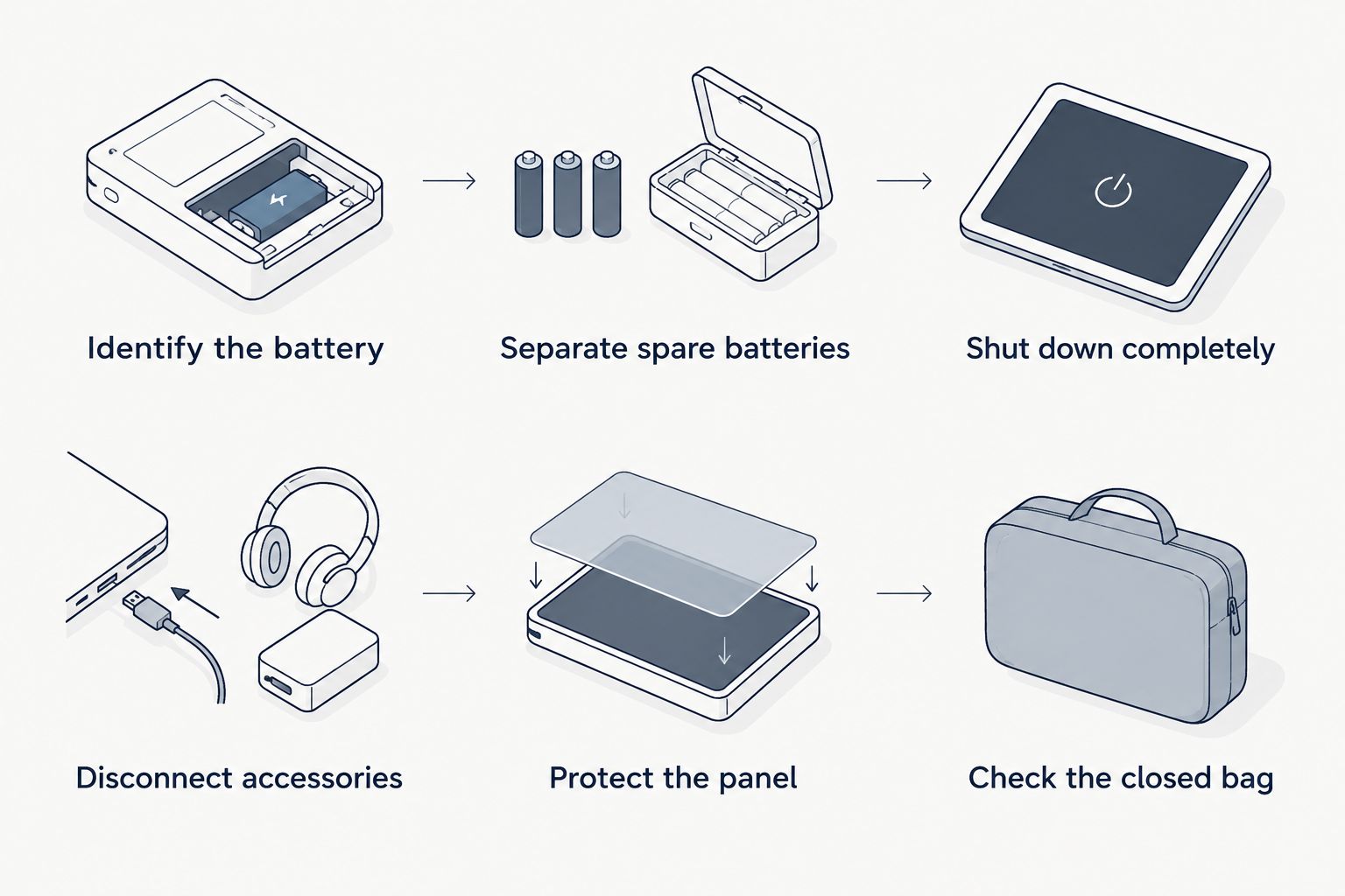 Packing sequence covering battery checks, shutdown, disconnected accessories and screen protection