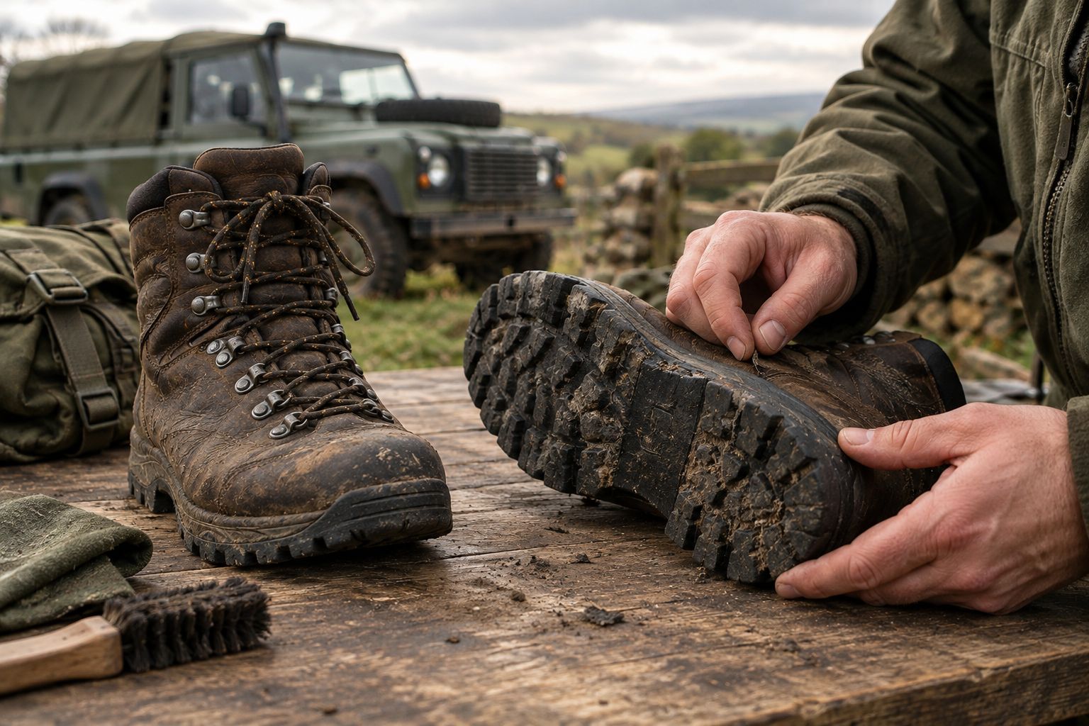 Inspection of tread and sole attachment on used leather boots