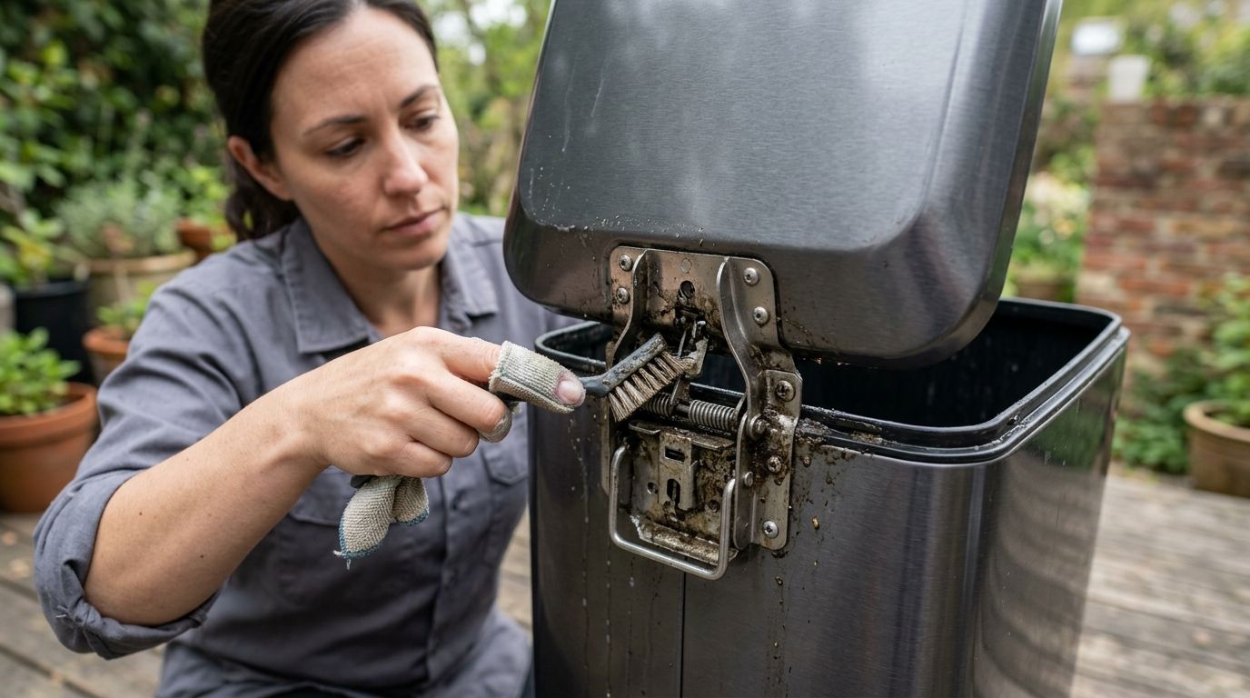 How to clean a trash can lid hinge and latch mechanism
