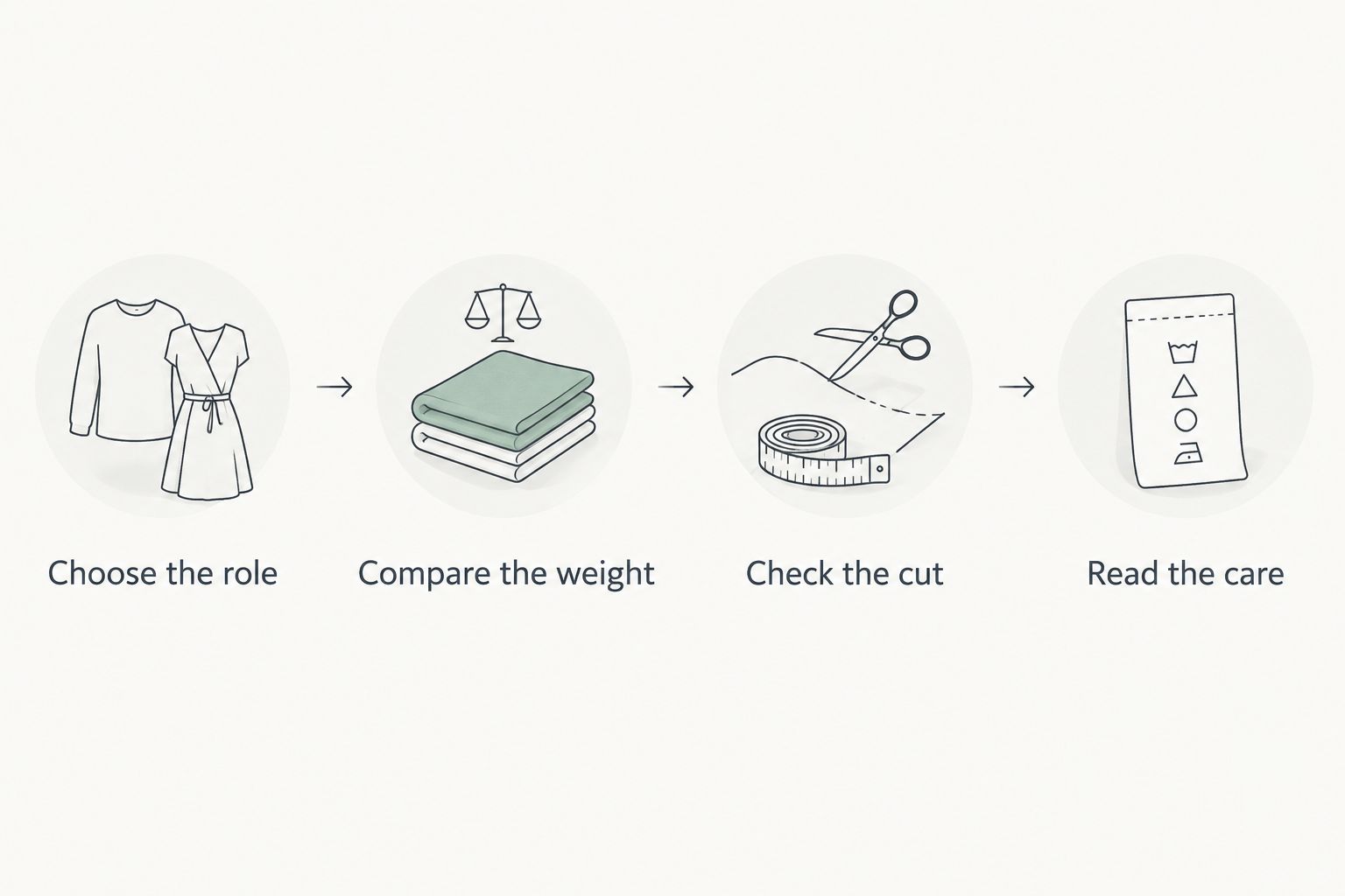 Four checks for choosing a tee: outfit role, fabric weight, garment cut, and care instructions.