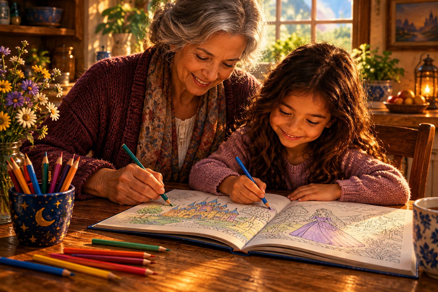 A grandparent and child coloring an open storybook together
