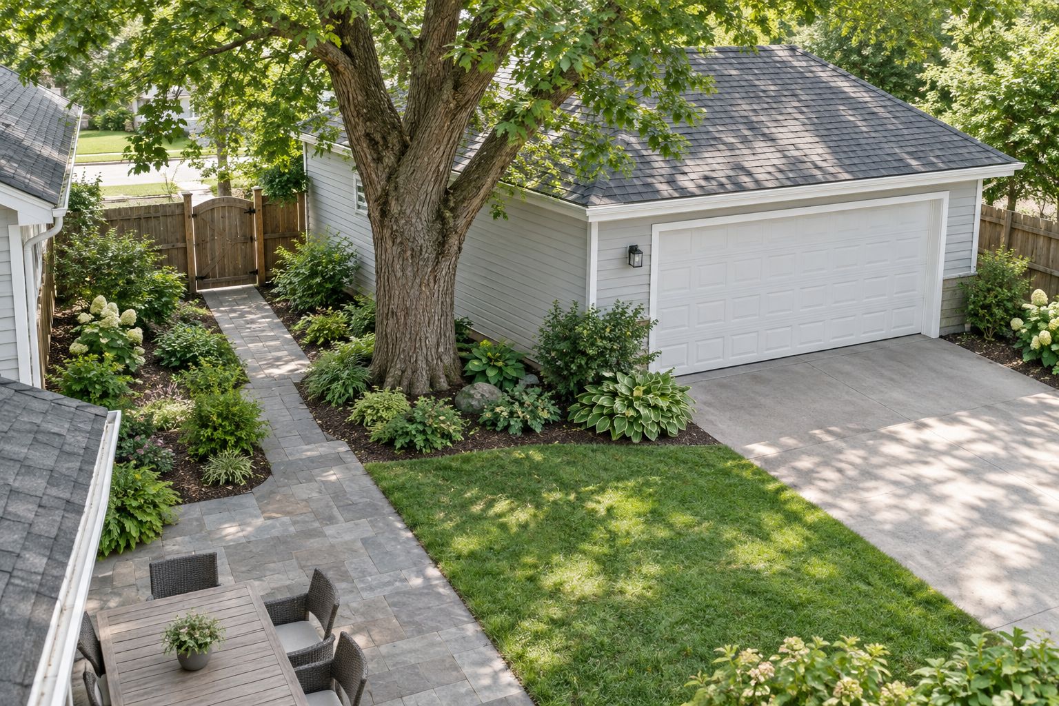 Backyard tree beside a garage with a narrow gate and landscaping along the access route