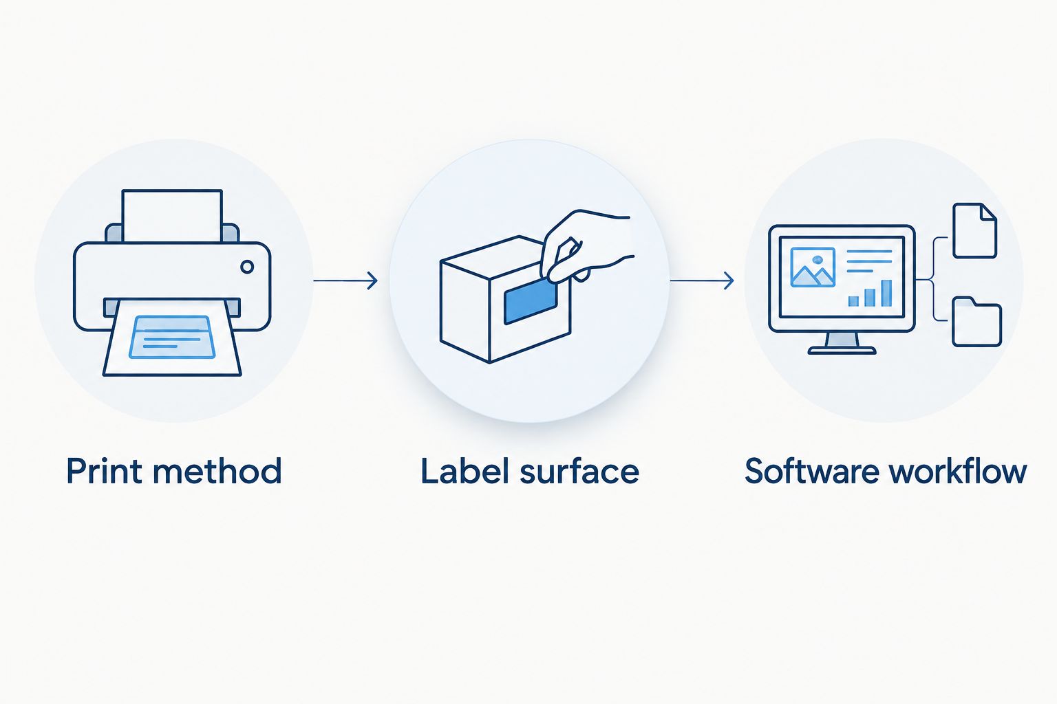 Three buying checks: print method, label surface, and software workflow