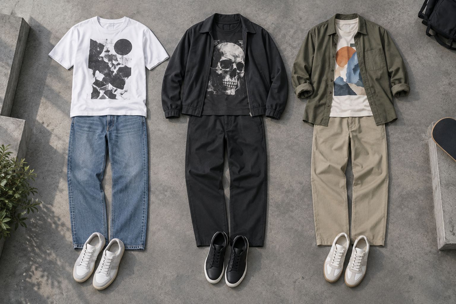 Three graphic tee outfit ideas with jeans, dark trousers, and an open overshirt