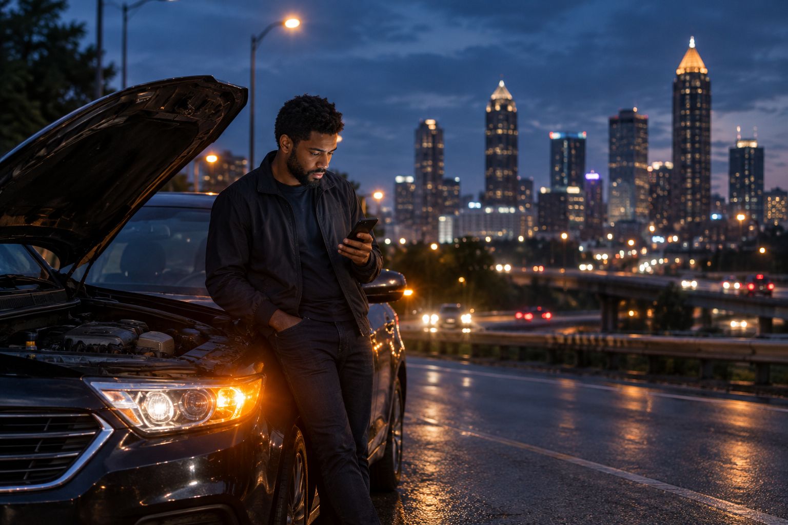 Rideshare driver stranded roadside at night waiting for assistance
