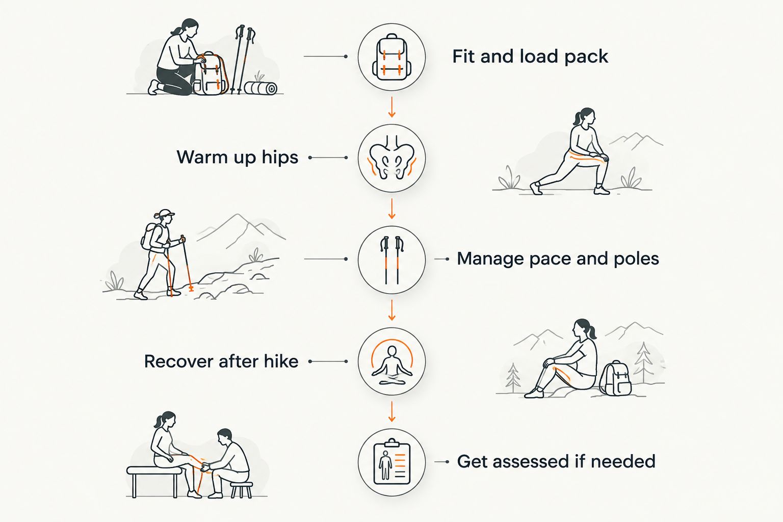 Five-step timeline from pack fit through to getting assessed