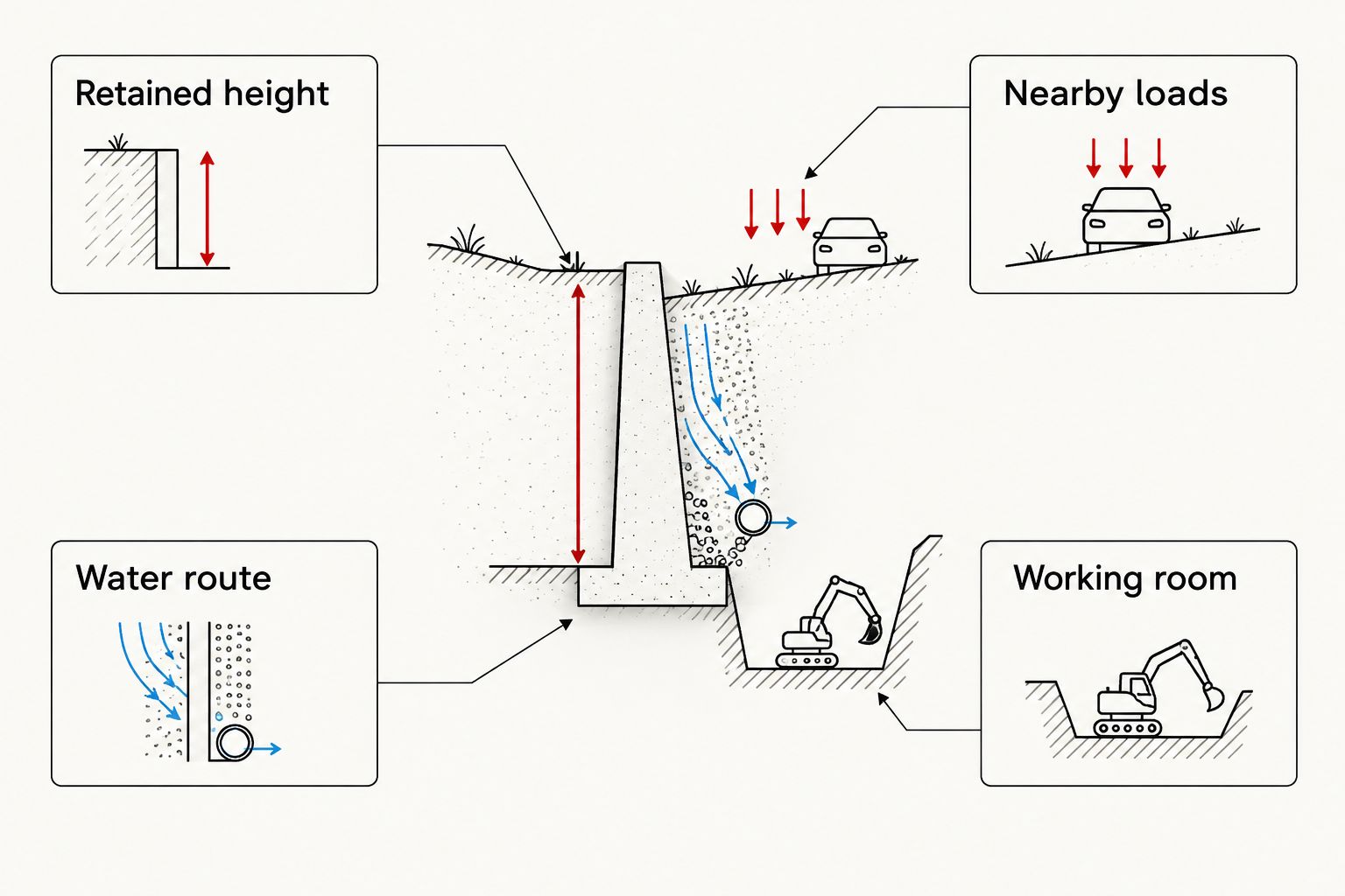 Retaining wall checklist showing retained height, water route, nearby loads, and working room