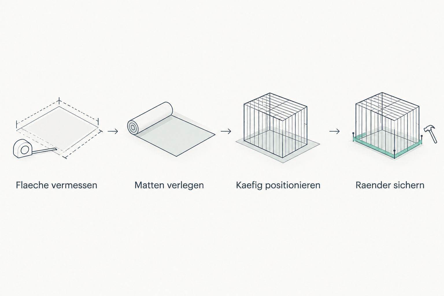 Vier Schritte vom Vermessen bis zur gesicherten Kante beim Aufbau von Kaefig und Mattenboden