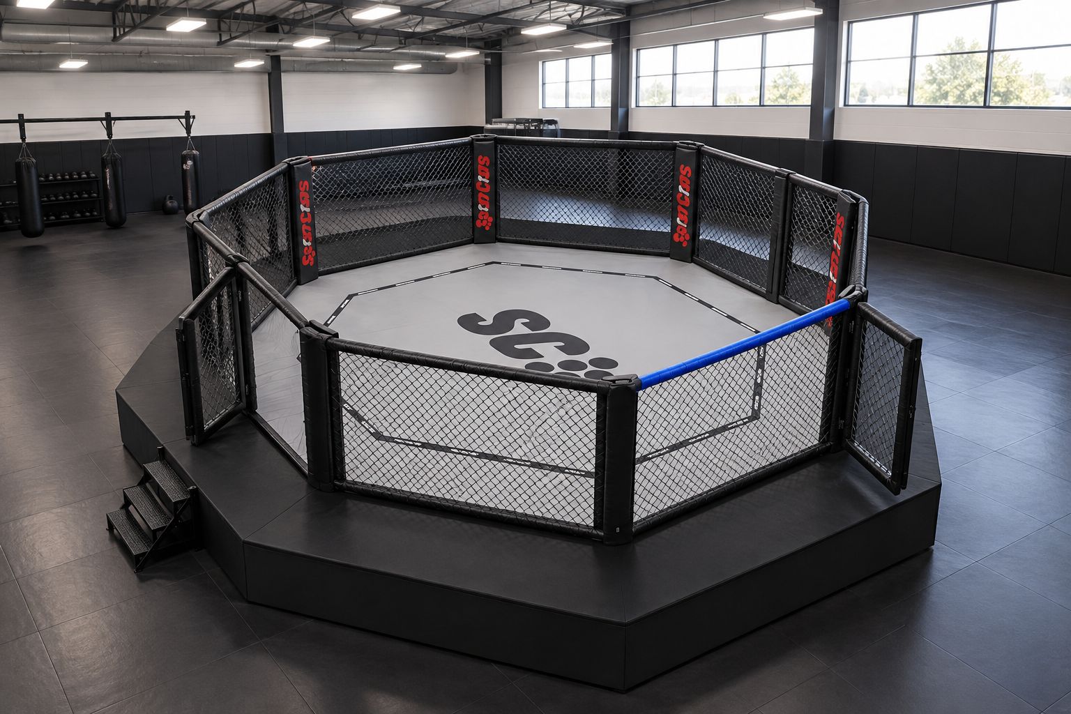 MMA-Wettkampfkaefig mit Podium und Laufsteg auf Mattenboden in einer Trainingshalle