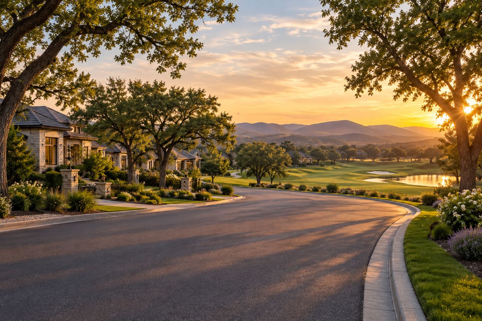 Golf-course community street at dusk in a low-density Sacramento County setting