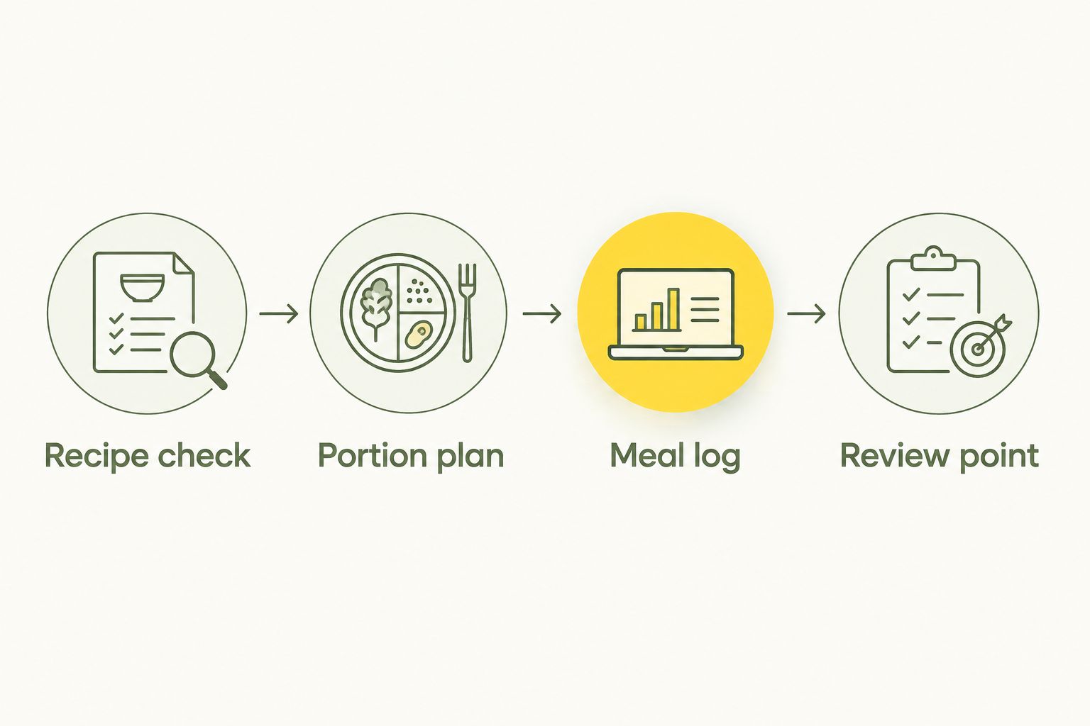 Four checkpoints for checking recipes, planning portions, recording meals and reviewing the switch
